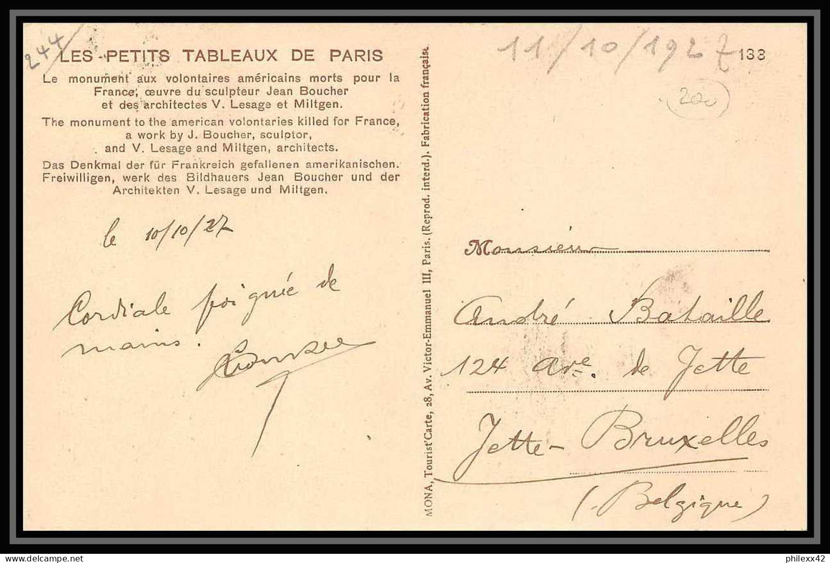 0011/ Carte Maximum (card) France N°244 Visite De La Légion Américaine 11/10/1927 Monument Aux Volontaires Américains - Indépendance USA