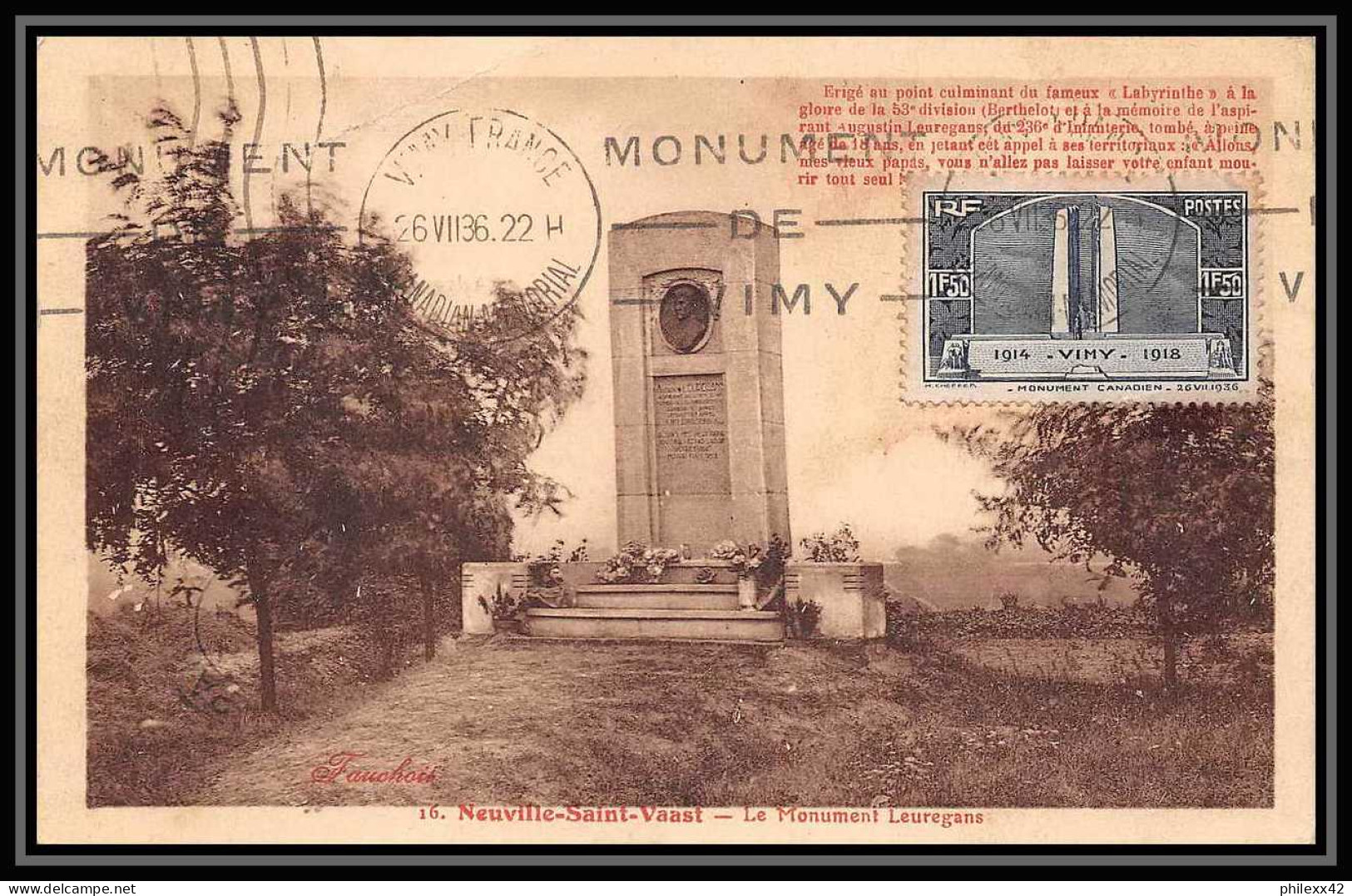 0044/ Carte Maximum (card) France N°317 Monument De Vimy à La Mémoire Des Canadiens 26/7/1936 Fdc Premier Jour - ....-1949