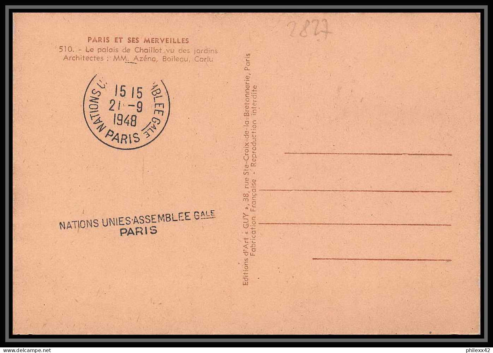0531/ Carte Maximum (card) France N°818 Nations Unies Palais Chaillot Onu 21/9/1948 Fdc Premier Jour - ....-1949