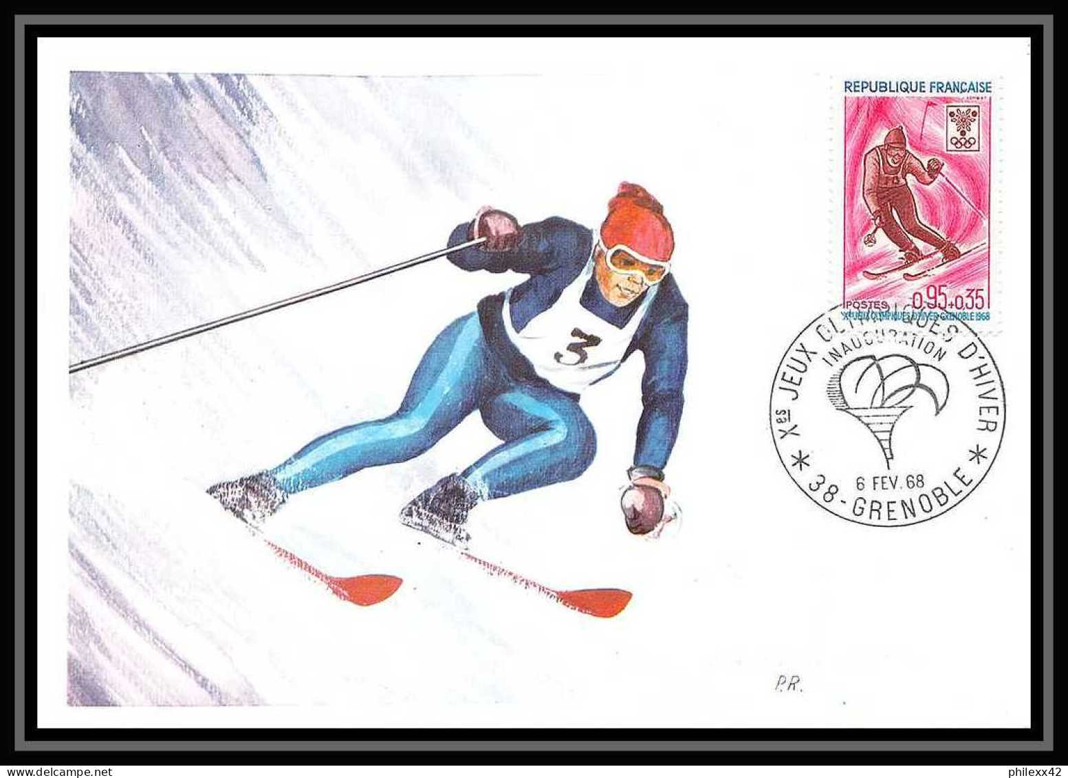 2180/ Carte Maximum France N°1547 Jeux Olympiques (olympic Games) Grenoble 1968 Ski (slalom) Edition Cef Inauguration - Winter 1968: Grenoble