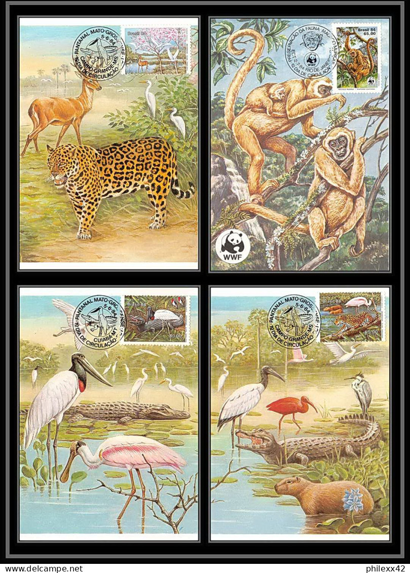 3585 Brésil (brazil) - Carte Maximum (card) Faune Animals 4 Cartes Apes Leopard Oiseaux Flamant Rose (birds) 1984 - Maximumkarten