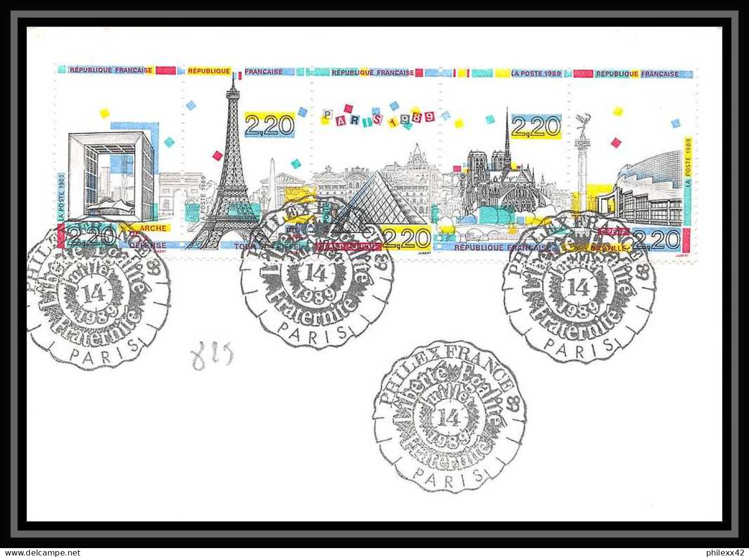 5689/ Bicentenaire De La Révolution France N°2383 A Bande Tour Eiffel Tower Cad Liberté égalité Fraternité - Rivoluzione Francese