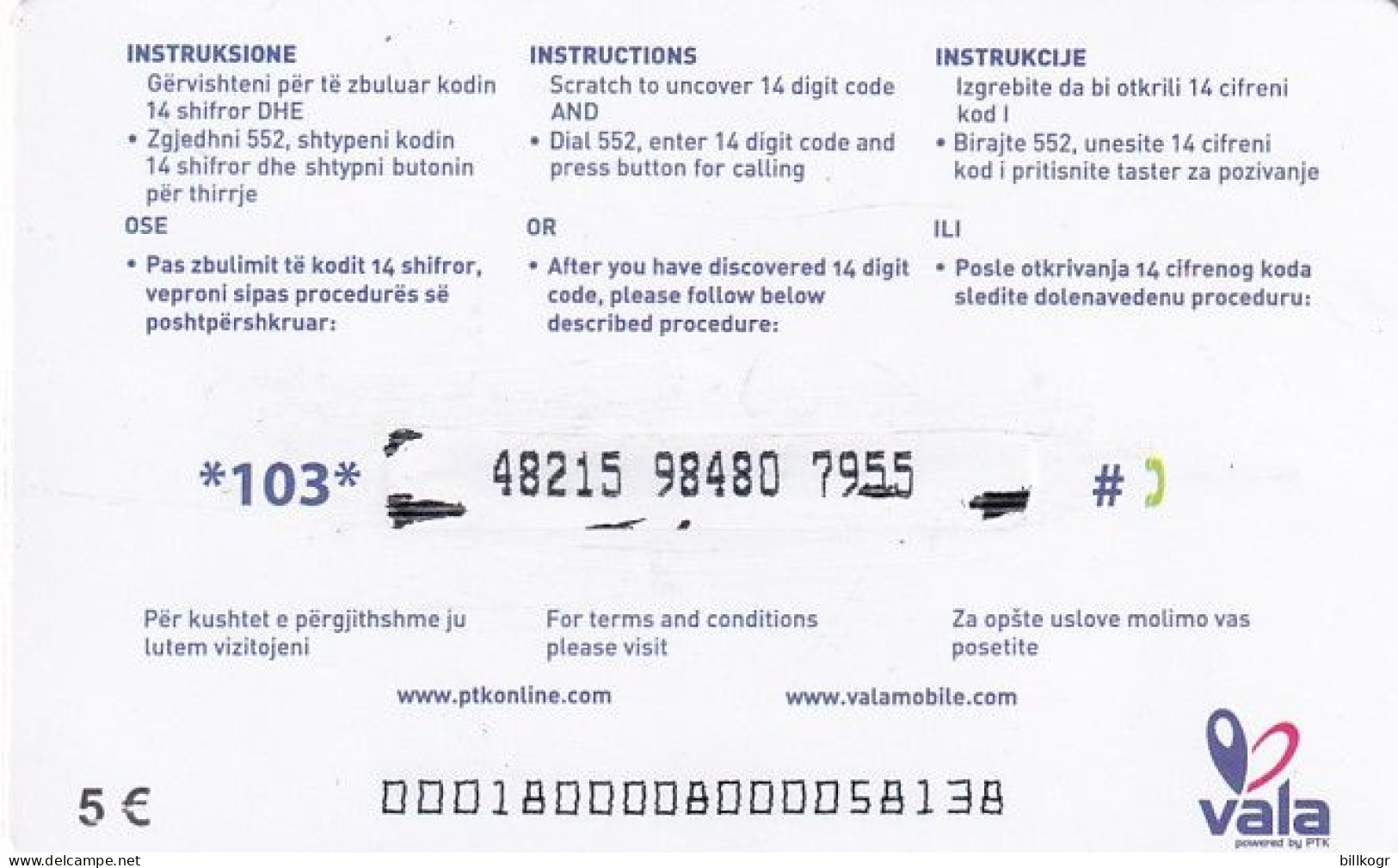 KOSOVO - Vala By PTK Prepaid Card 5 Euro, Used - Kosovo