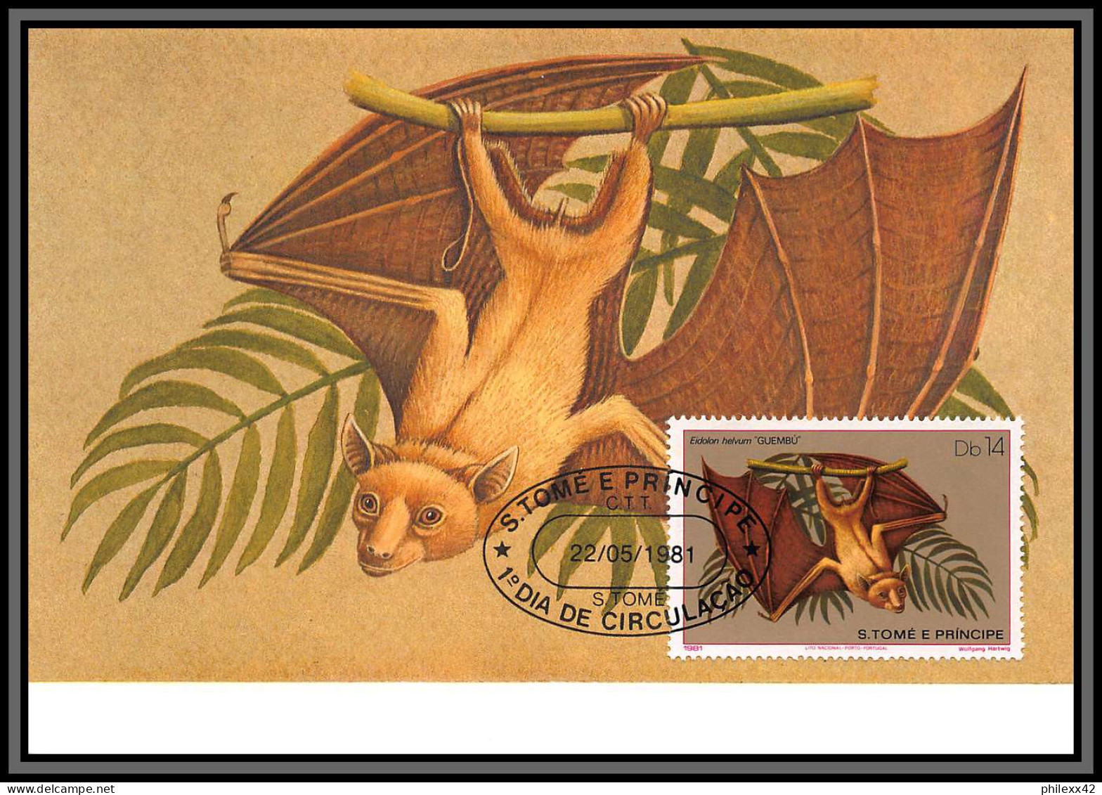 5846 Carte maximum card s tome e principe mi 373/678 yt 620/625 rongeurs rodents 1981 animaux animals chauve souris fdc