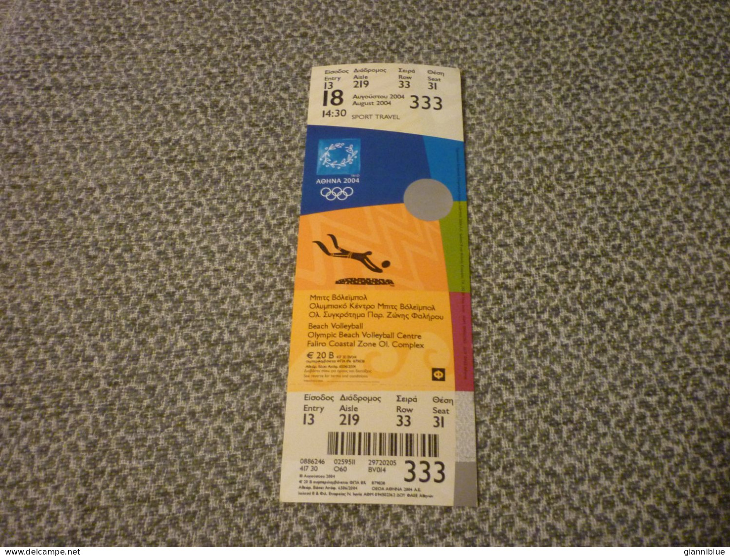 Beach Volleyball Athens 2004 Olympic Games Greece Greek Mint Unused Match Ticket Stub 18/08/2004 14:30 #333 - Habillement, Souvenirs & Autres