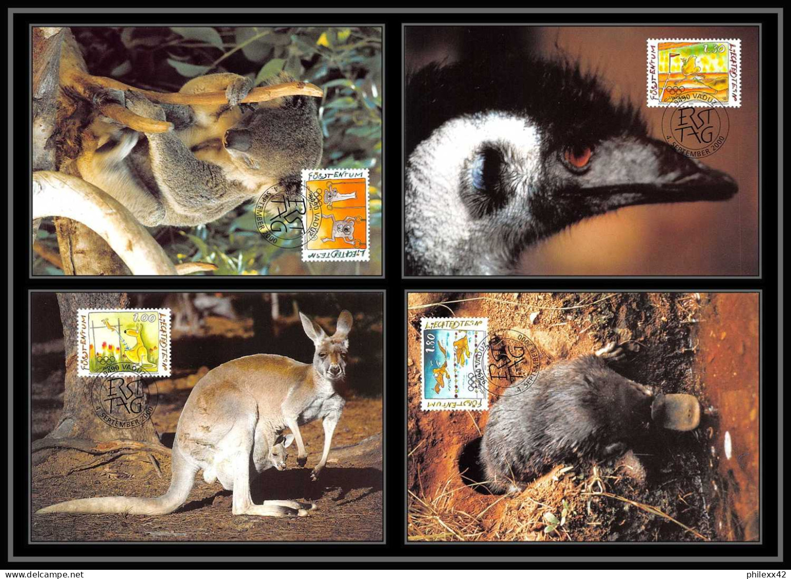Liechtenstein - Carte Maximum (card) 2062 - 1182/1185 Jeux Olympiques Olympic Games SYDNEY 2000 Koala Kangouroo Animals - Estate 2000: Sydney