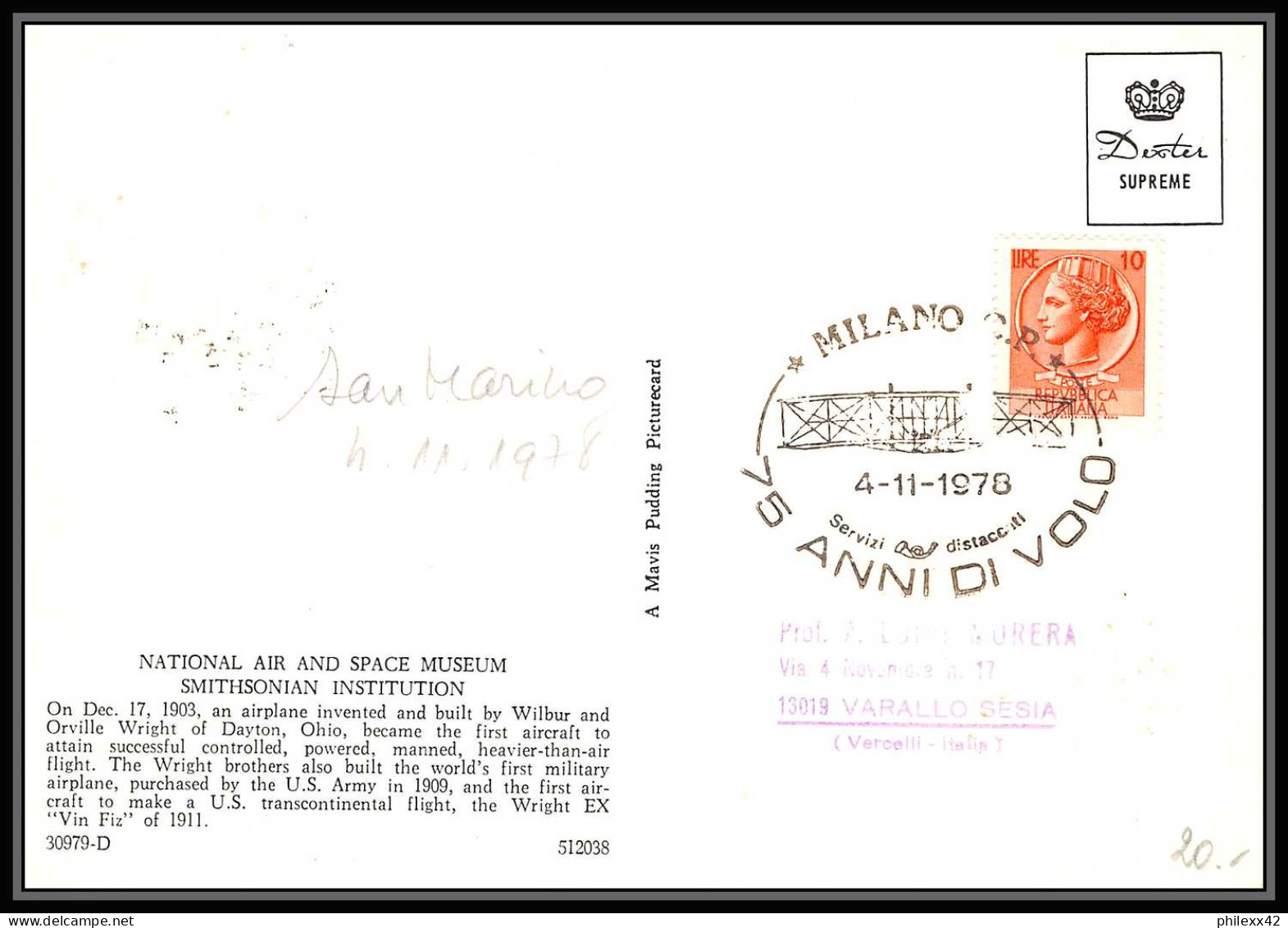 San Marin (san Marino) - Carte Maximum (card) 1903 Mi N°165/167 Posta Aerea 1978 The First Flight Of The Wright Brothers - Lettres & Documents