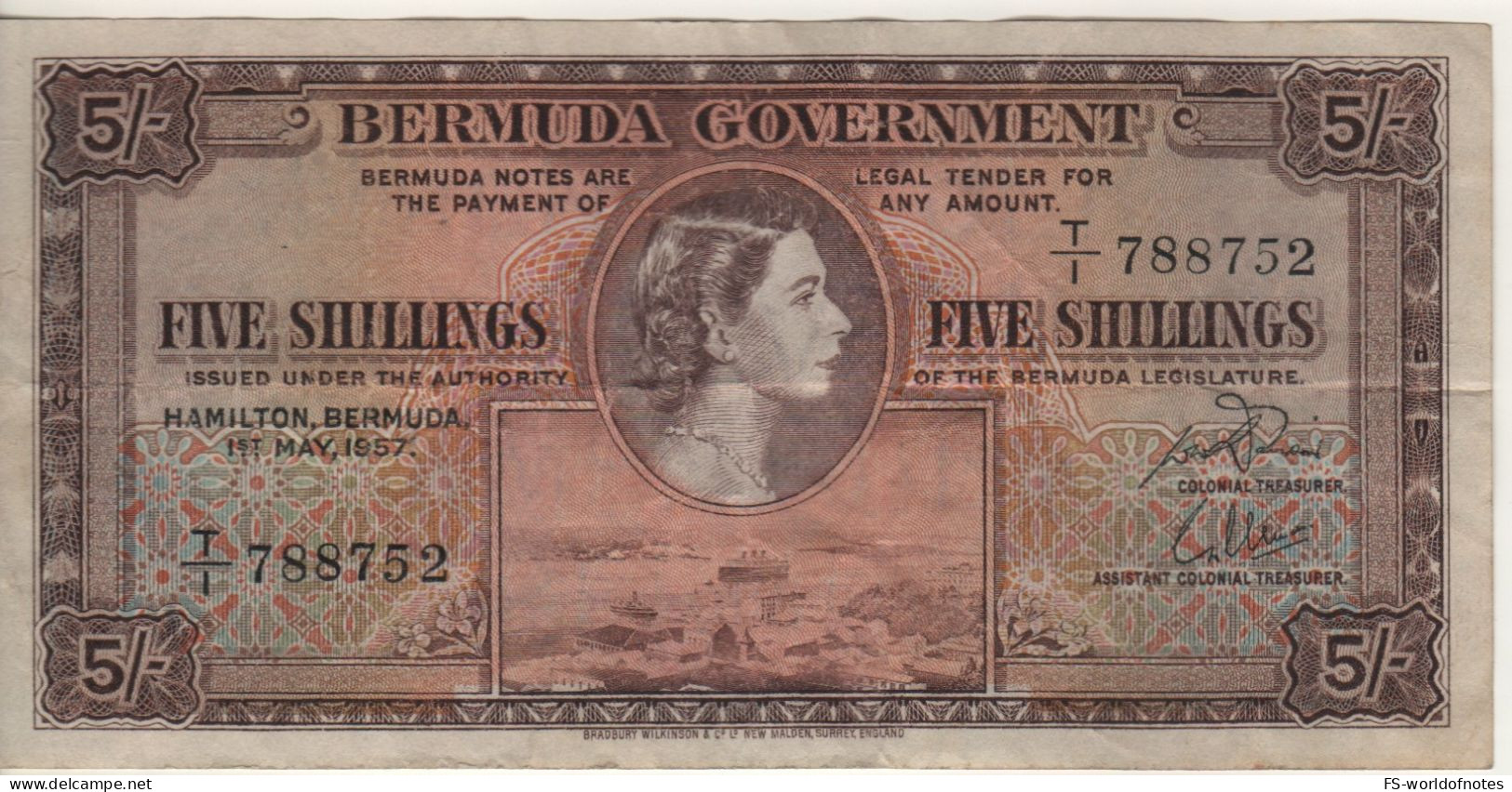 BERMUDA   5  Shillings      P18b      Queen Elizabeth II - Hamilton Harbour    Dated 1st May  1957 - Bermudes