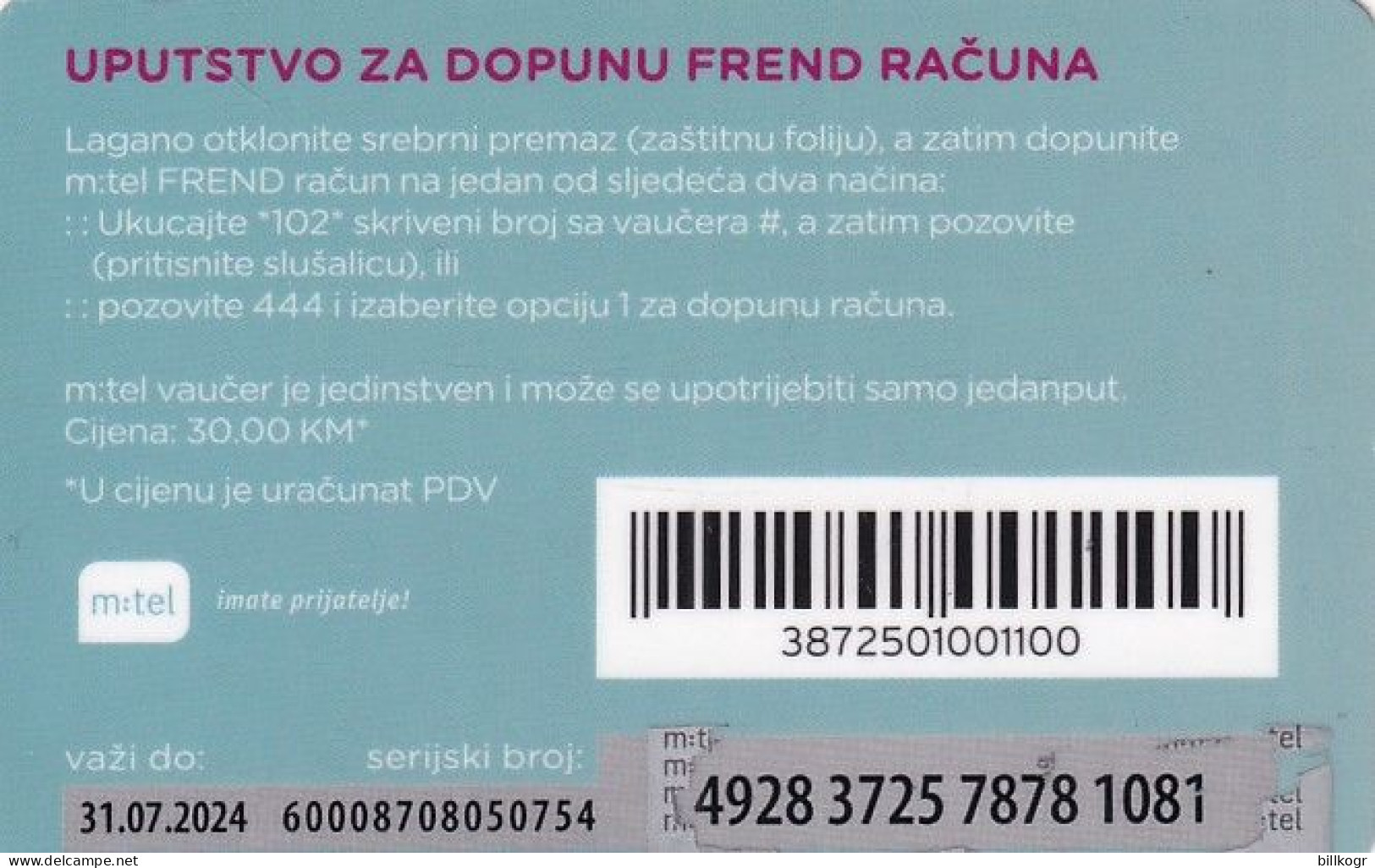 BOSNIA - Frend Prepaid Card 30 KM, Exp.date 31/07/24, Used - Bosnia