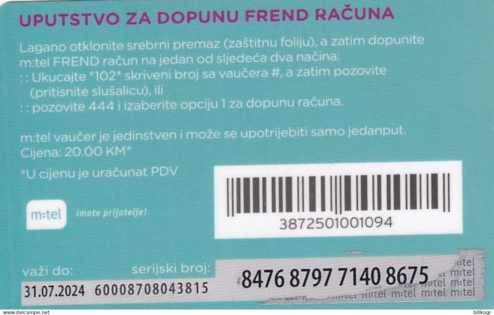 BOSNIA - Frend Prepaid Card 20 KM, Exp.date 31/07/24, Used - Bosnia