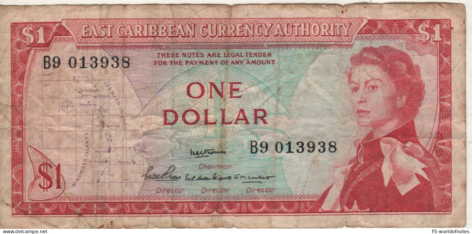 EAST CARIBBEAN  $ 1   P13a  ( ND - 1965 )    Elizabeth II  + Coastal Scene At Back - East Carribeans