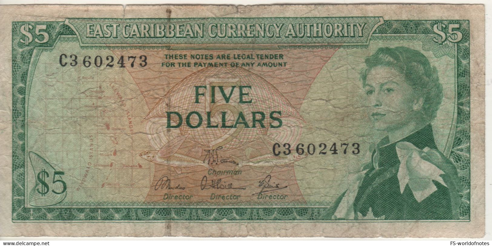 EAST CARIBBEAN  $ 5   P14e   ( ND - 1965 )    Elizabeth II  + Coastal Scene At Back - Ostkaribik