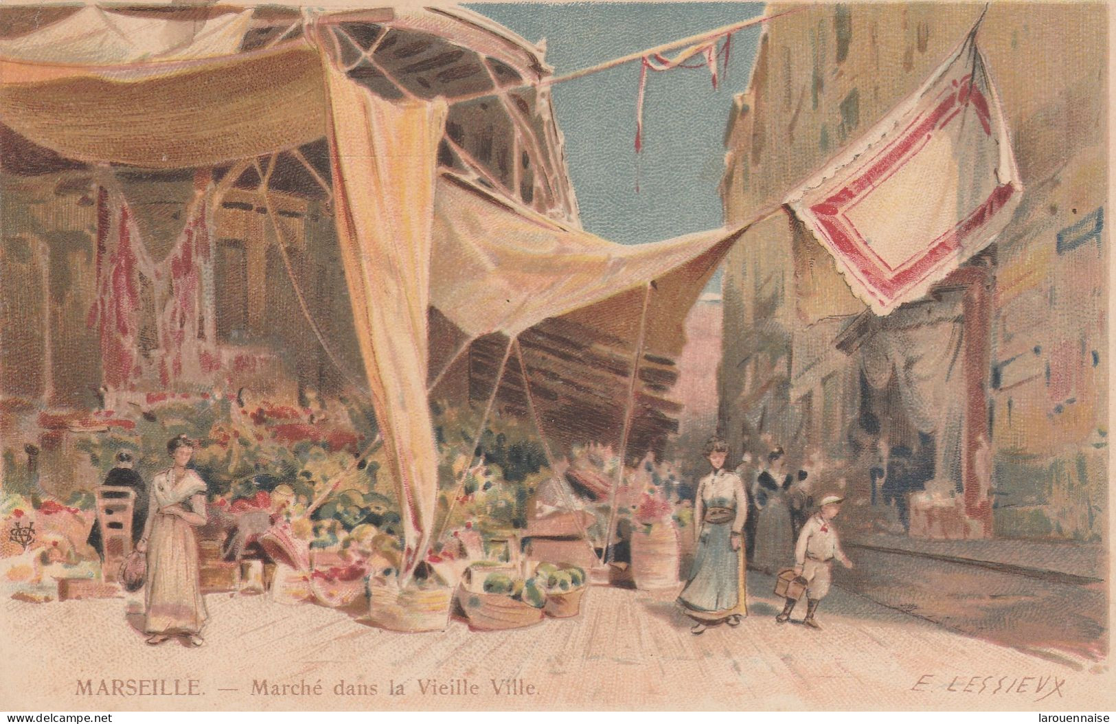 13 - MARSEILLE - Marché Dans La Vieille Ville (illustrateur Lessieux) - Lessieux