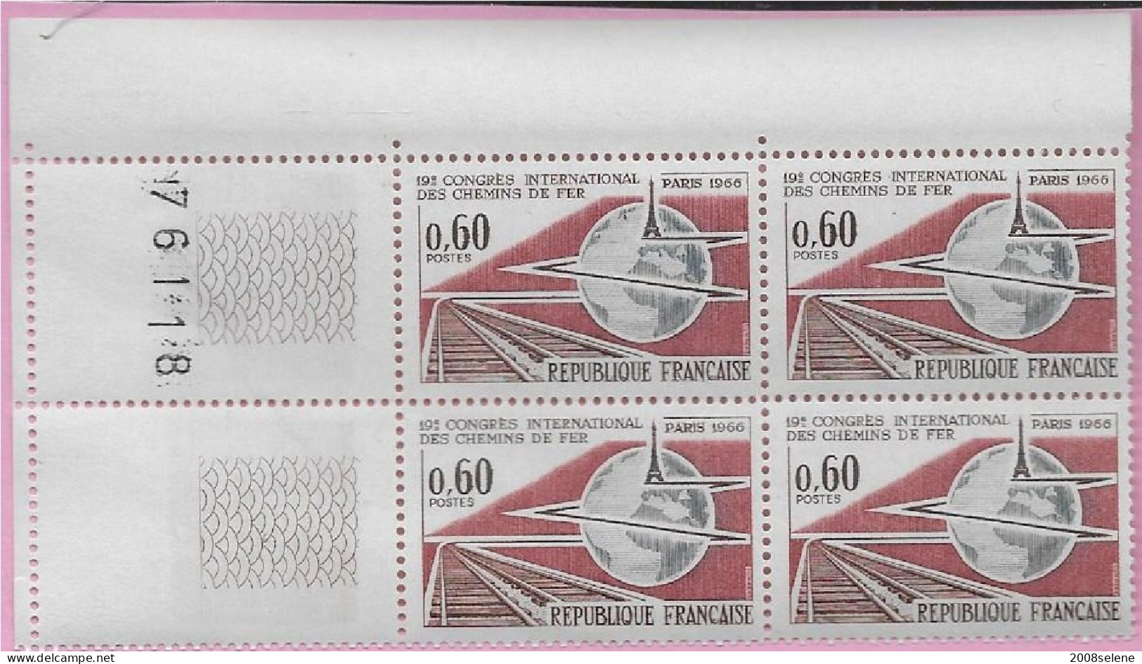 1966 Bloc De 4 Coin Numéroté Congres Chemin De Fer  Neuf ** N°1488 - 1960-1969