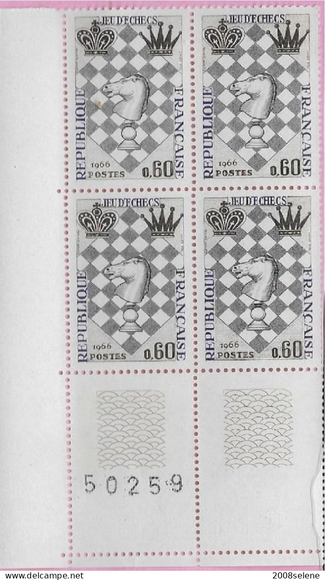 1966 Bloc De 4 Coin Numéroté Festival échecs   Neuf ** N°1480 - 1960-1969