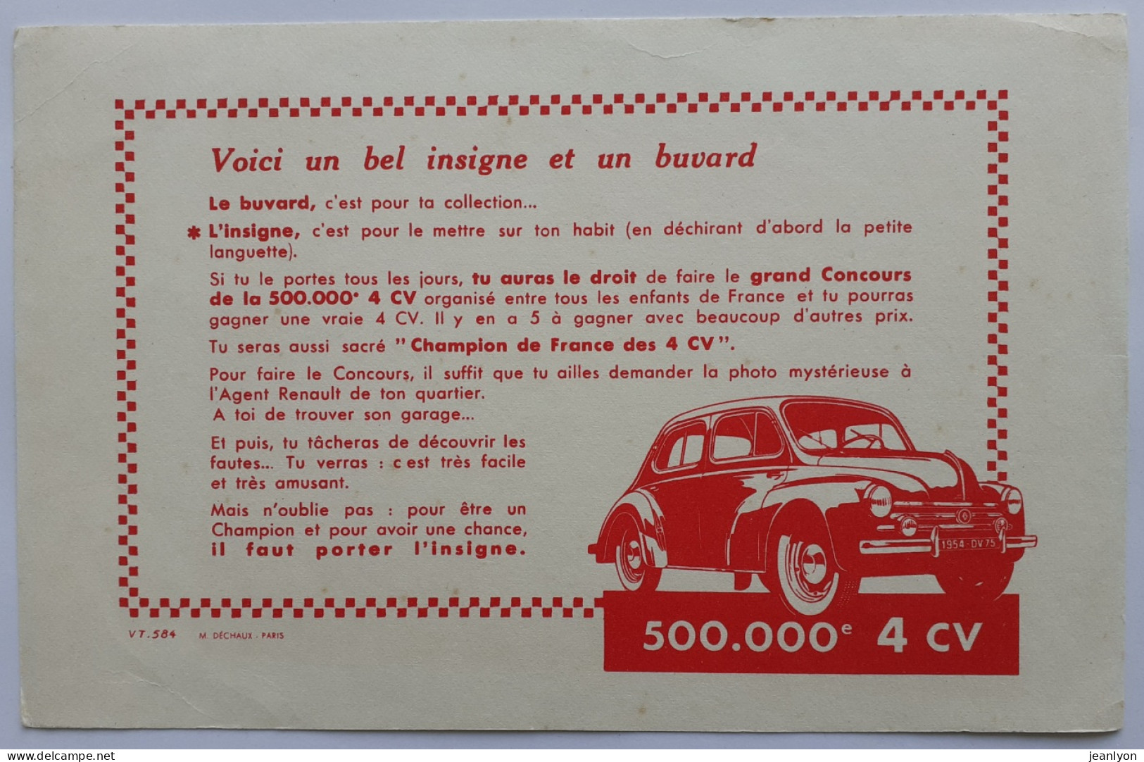 RENAULT 4 CV / VOITURE - Grand Concours De La 500 000e 4CV - Buvard Publicitaire - Auto's