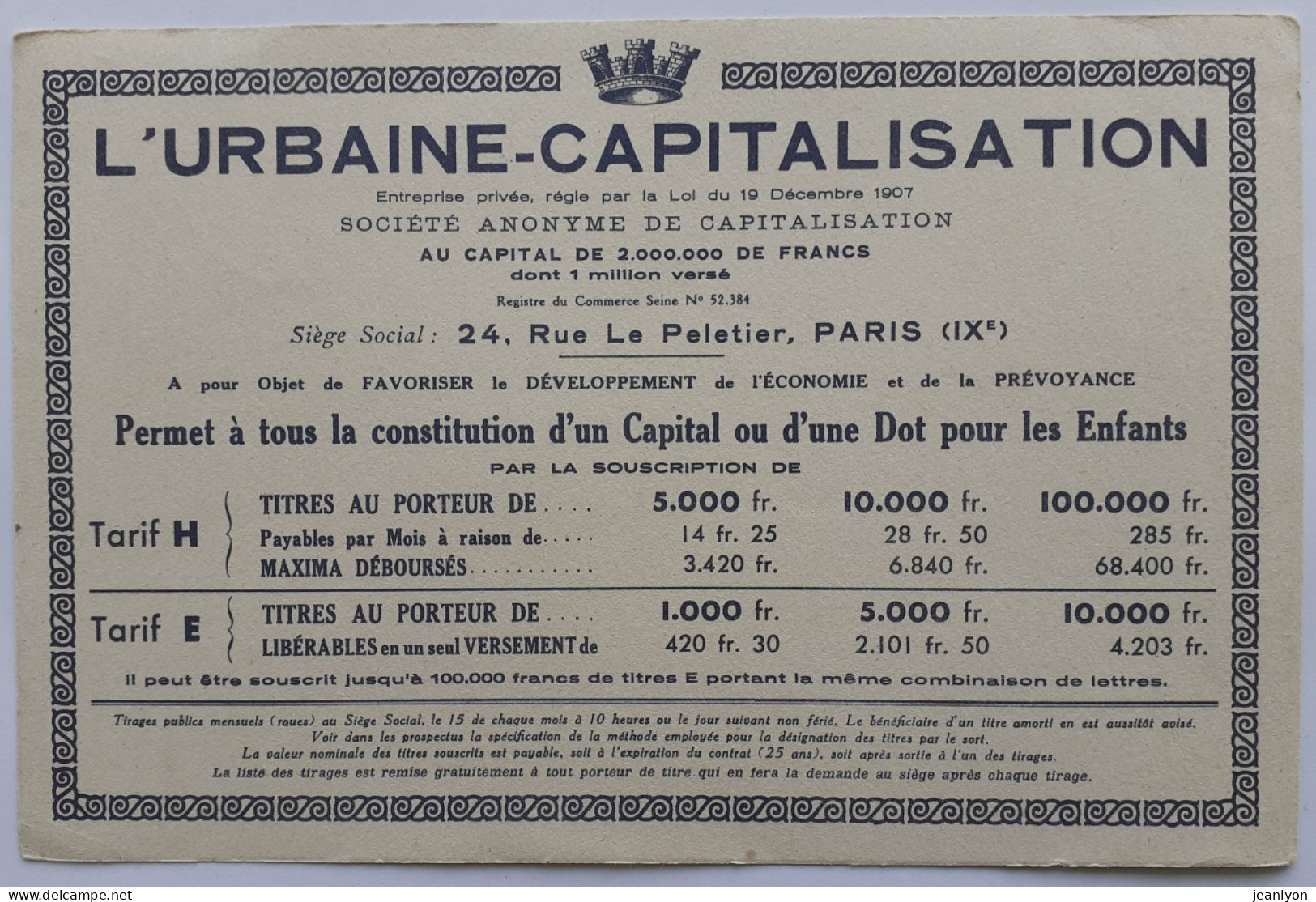 URBAINE CAPITALISATION - Rue Le Peletier Paris - Placement Financier - Buvard Publicitaire - Banca & Assicurazione