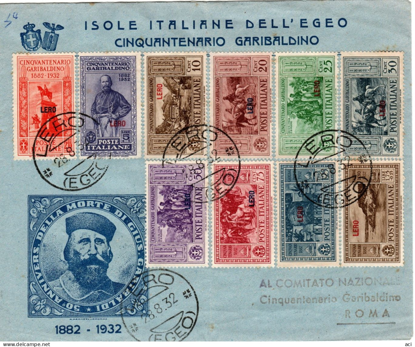 Italia-Egeo-Lero 1932 Garibaldi  FDC, - Egée (Lero)