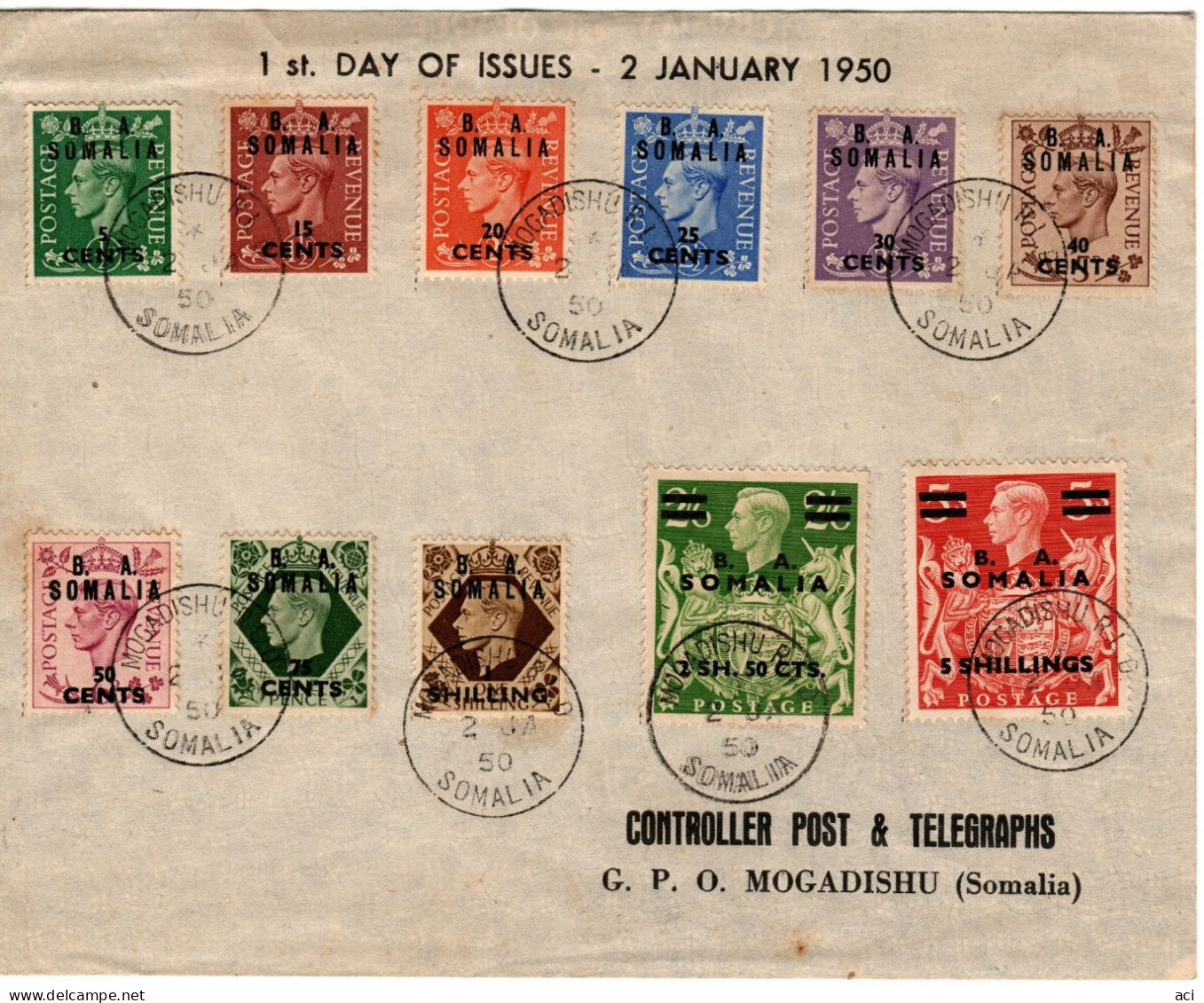 Italy -British Occupation Somalia  1950 Definitive FDC, - Somalia