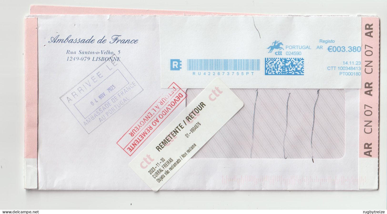 7526 PORTUGAL Recommandé Registered NPAI Return To Sender Horse Cheval Remetente Ambassade RTS Qr Code Code Barre Bar - Frankeermachines (EMA)