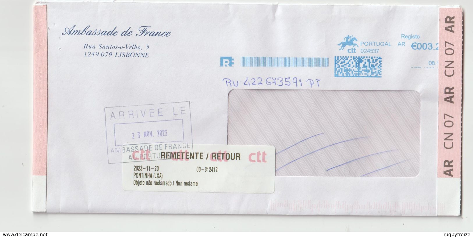 7527 PORTUGAL Recommandé Registered NPAI Return To Sender Horse Cheval Remetente Ambassade RTS Qr Code Code Barre Bar - Macchine Per Obliterare (EMA)