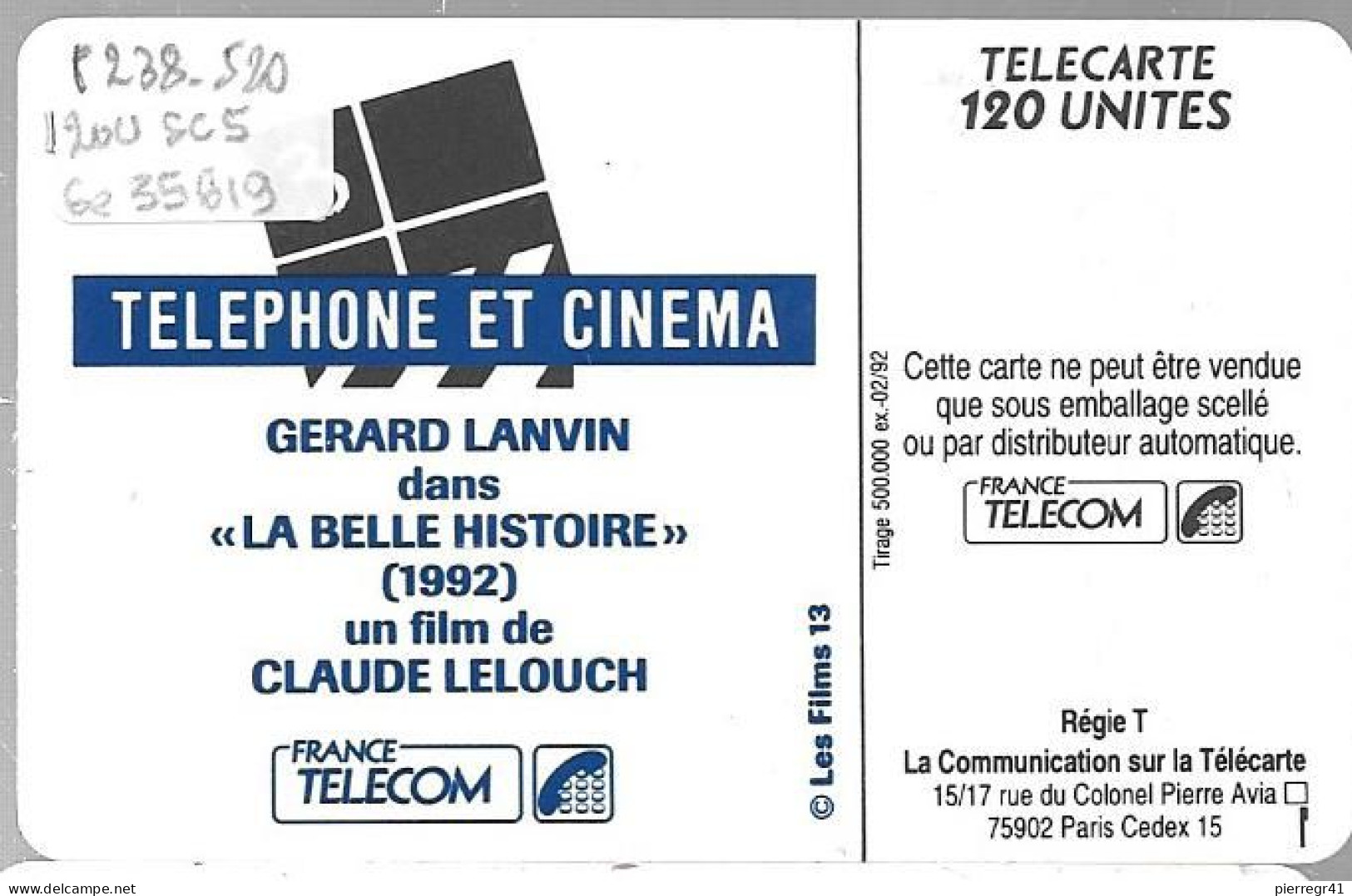 CARTE²-PUBLIC-120U- F238-SC5-02/92-GERARD LANVIN-CINEMA 3-V° 5 Ge 35619-Utilisé-TBE - 1992