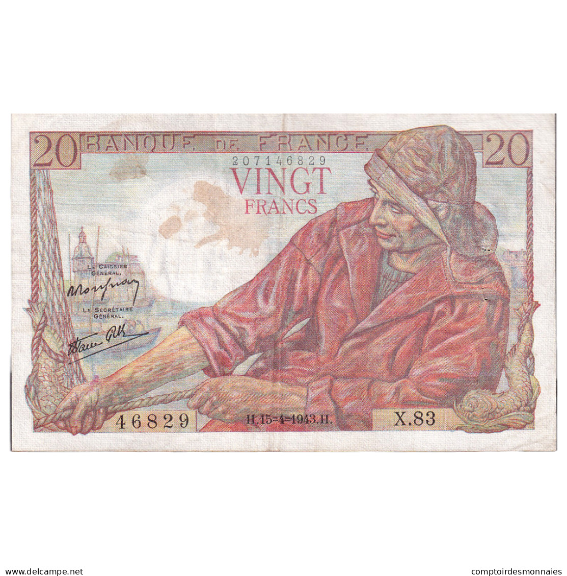 France, 20 Francs, Pêcheur, 1943, X.83, TB+, Fayette:13.6, KM:100a - 20 F 1942-1950 ''Pêcheur''