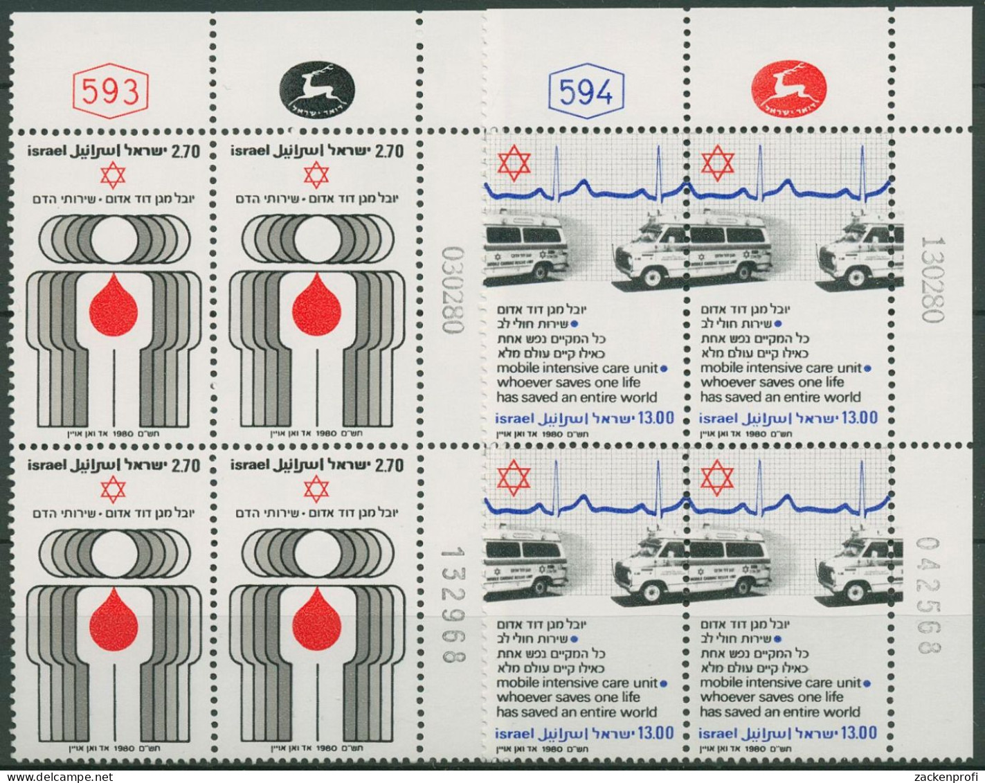 Israel 1980 Organisation Roter Davidstern 819/20 Plattenblock Postfrisch(C61756) - Unused Stamps (without Tabs)