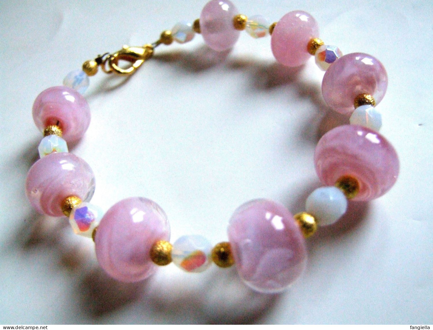 Parure Bracelet Et Boucles D'oreilles, Cadeau St Valentin, Rose Blanc Doré, Verre Artisanal Filé Au Chalumeau, Bijoux Fe - Collares/Cadenas