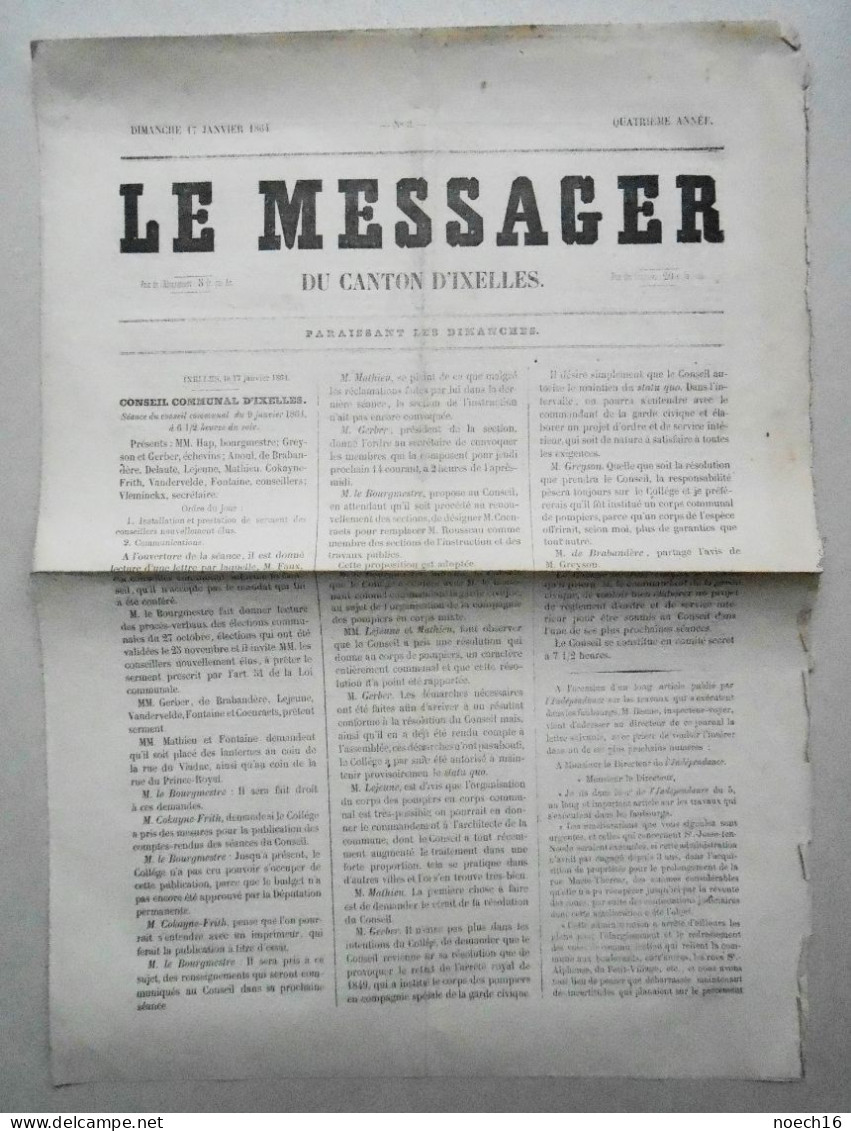 Presse - 1864, Le Messager Du Canton D'Ixelles. Journal Hebdomadaire Du Dimanche. 2 Numéros. - Documents Historiques