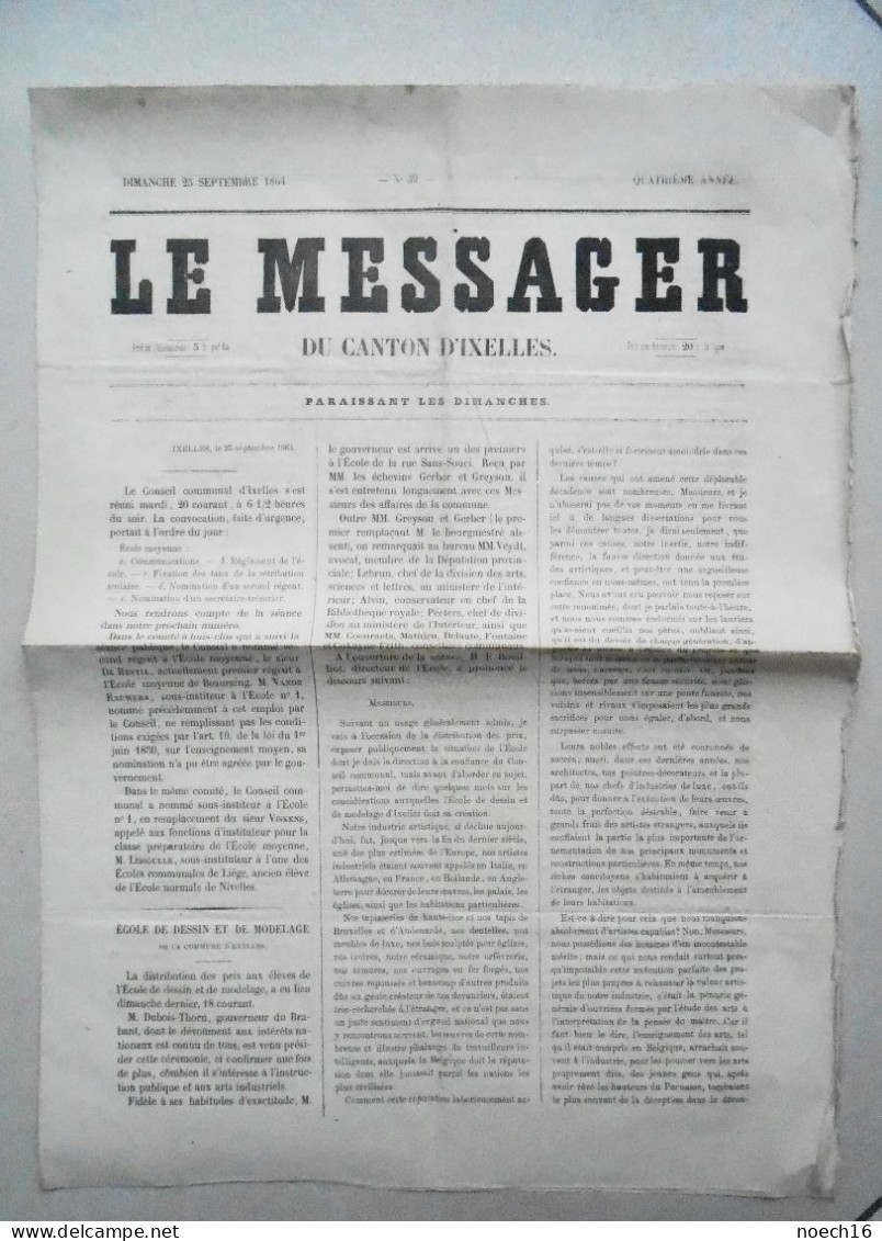 Presse - 1864, Le Messager Du Canton D'Ixelles. Journal Hebdomadaire Du Dimanche. 2 Numéros. - Documents Historiques