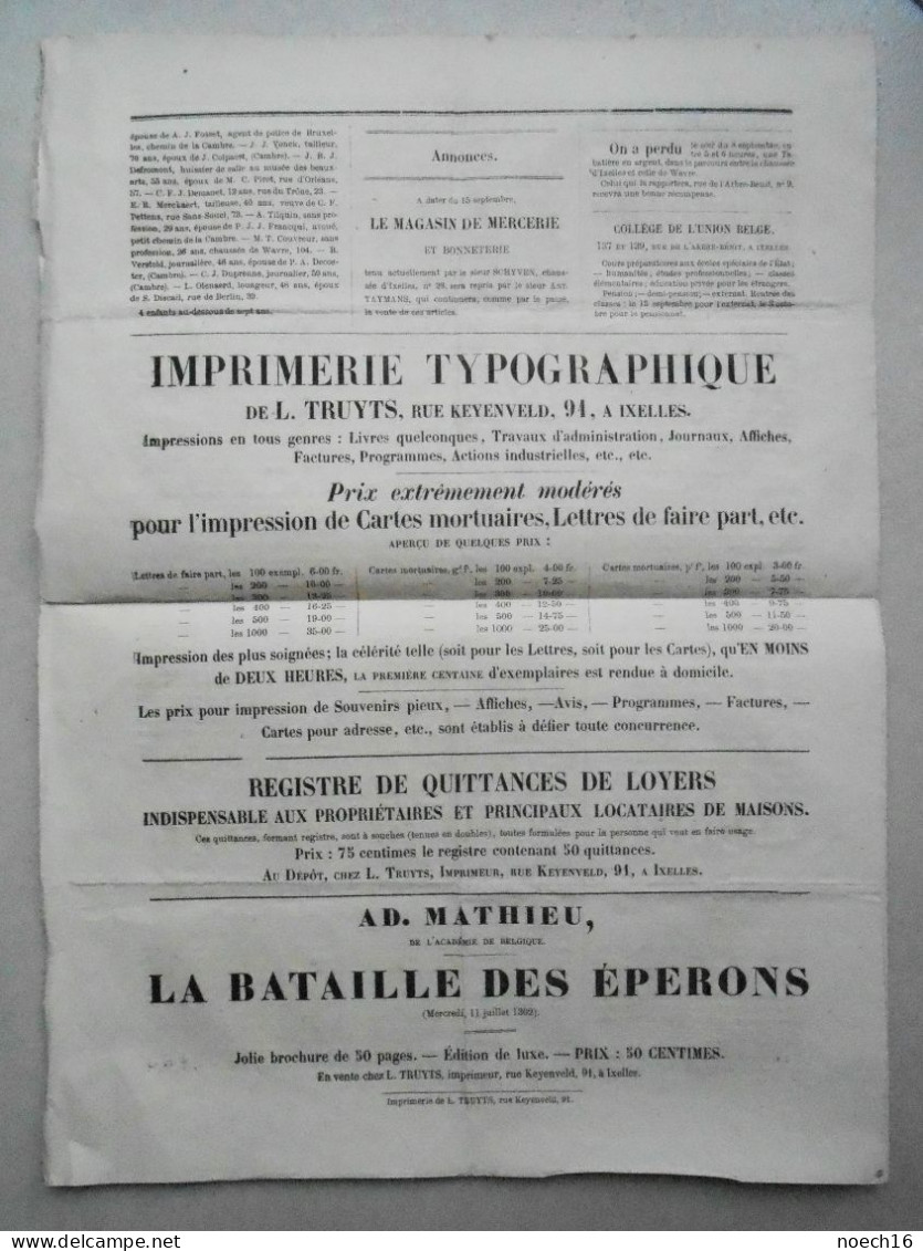 Presse - 1864, Le Messager du Canton d'Ixelles. Journal Hebdomadaire du Dimanche. 2 numéros.