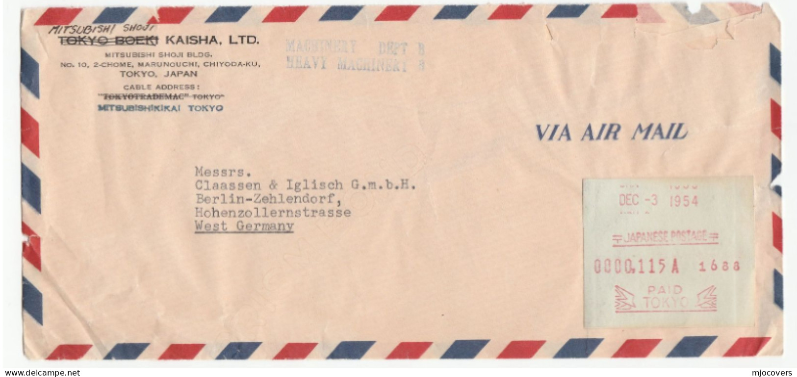 1954 Japanese Post POSTAGE MACHINE LABEL On Air Mail COVER Mitsubishi Shoji Japan To Germany - Covers & Documents