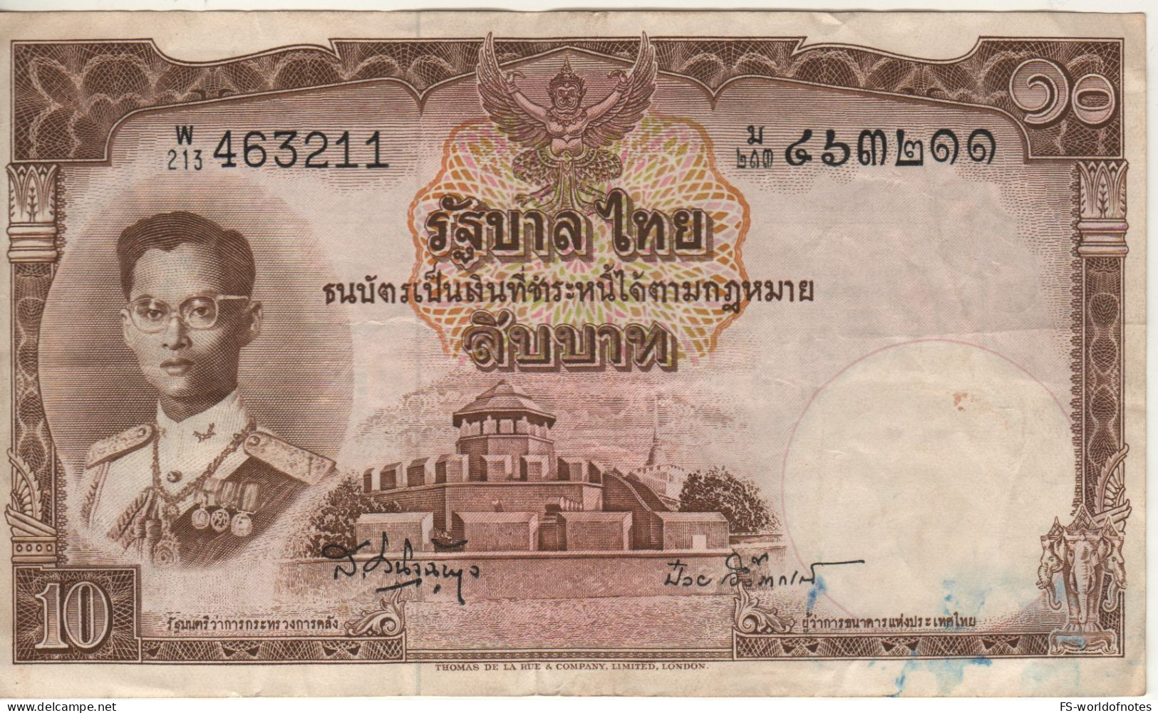 THAILAND  10 Baht   P76c    ( 1955 )  King Rama IX  +  Royal Throne Hall - Tailandia