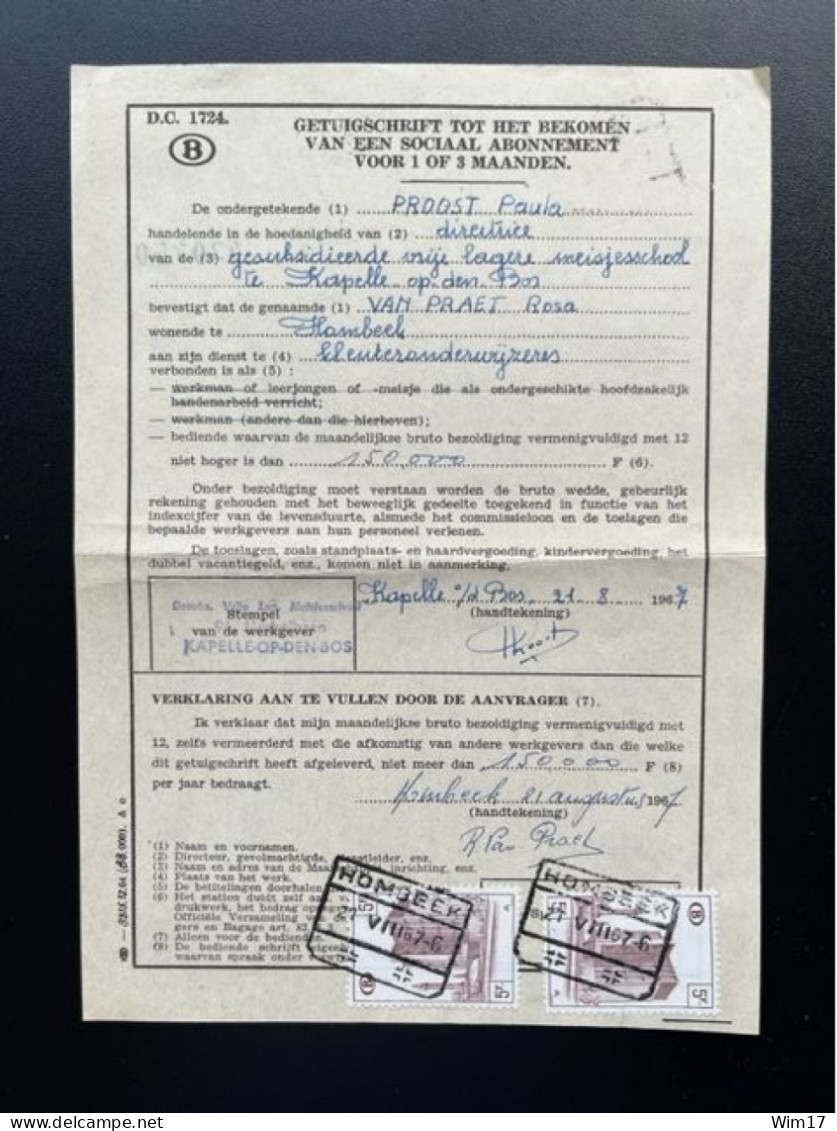 BELGIUM 1967 CERTIFICATE HOMBEEK 21-08-1967 BELGIE BELGIQUE GETUIGSCHRIFT - Documenten & Fragmenten