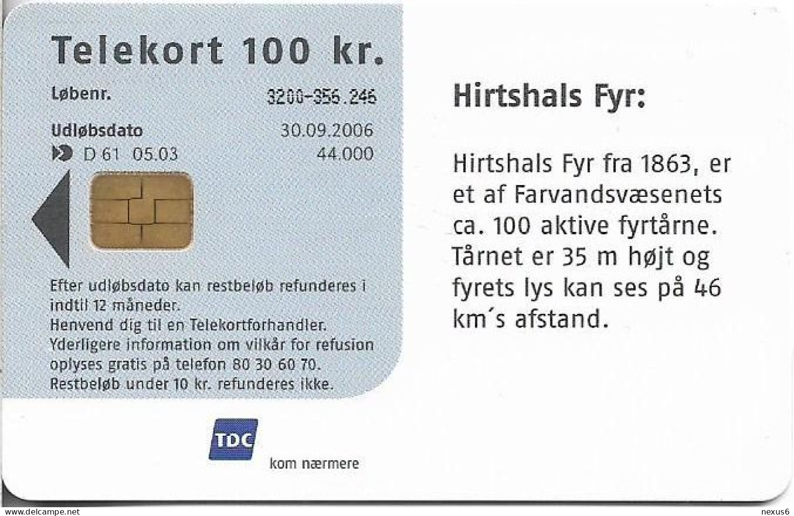 Denmark - Tele Danmark (chip) - Hirtshals Lighthouse - TDD061 - 05.2003, 100kr, 44.000ex, Used - Danemark