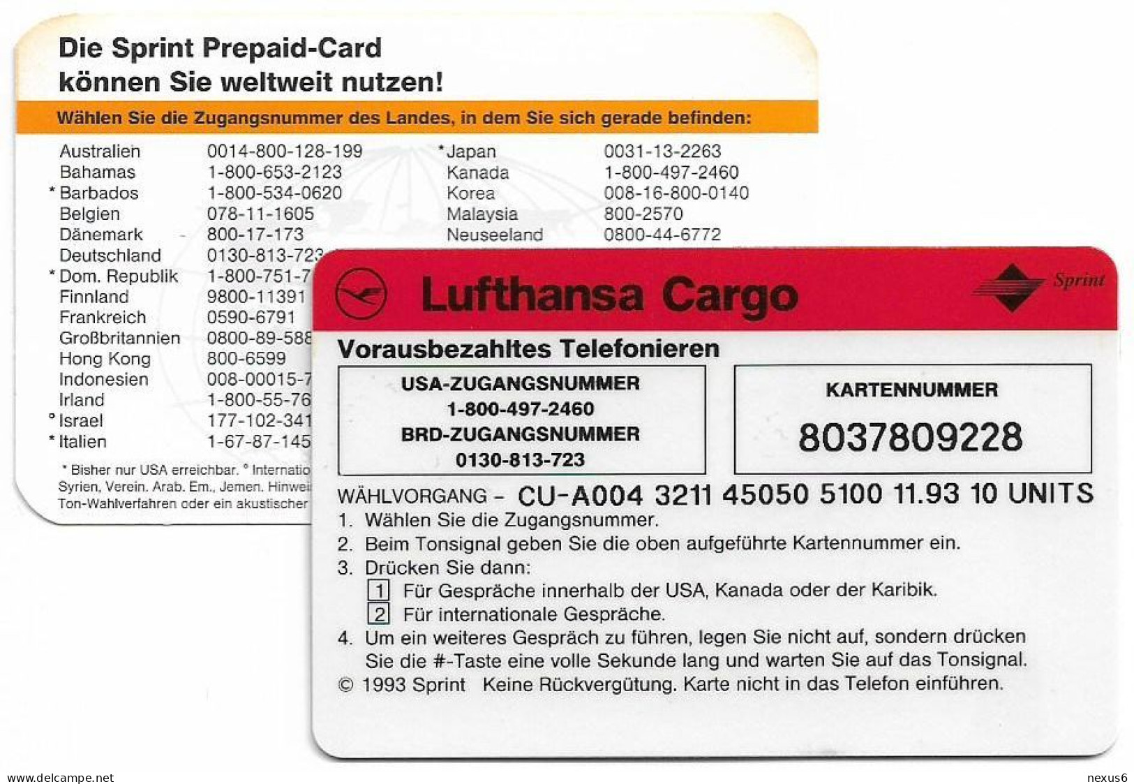 Germany - Sprint - Lufthansa EuroCargo, 11.1993, Remote Mem. 10U, 5.100ex, Mint In Folder - [2] Mobile Phones, Refills And Prepaid Cards