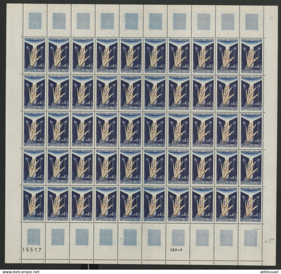 N° 1648 45 Ct 25ème Anniv. Libération Des Camps De Concentration Feuille De 50 Ex. Neufs ** MNH  TB Voir Suite - Full Sheets