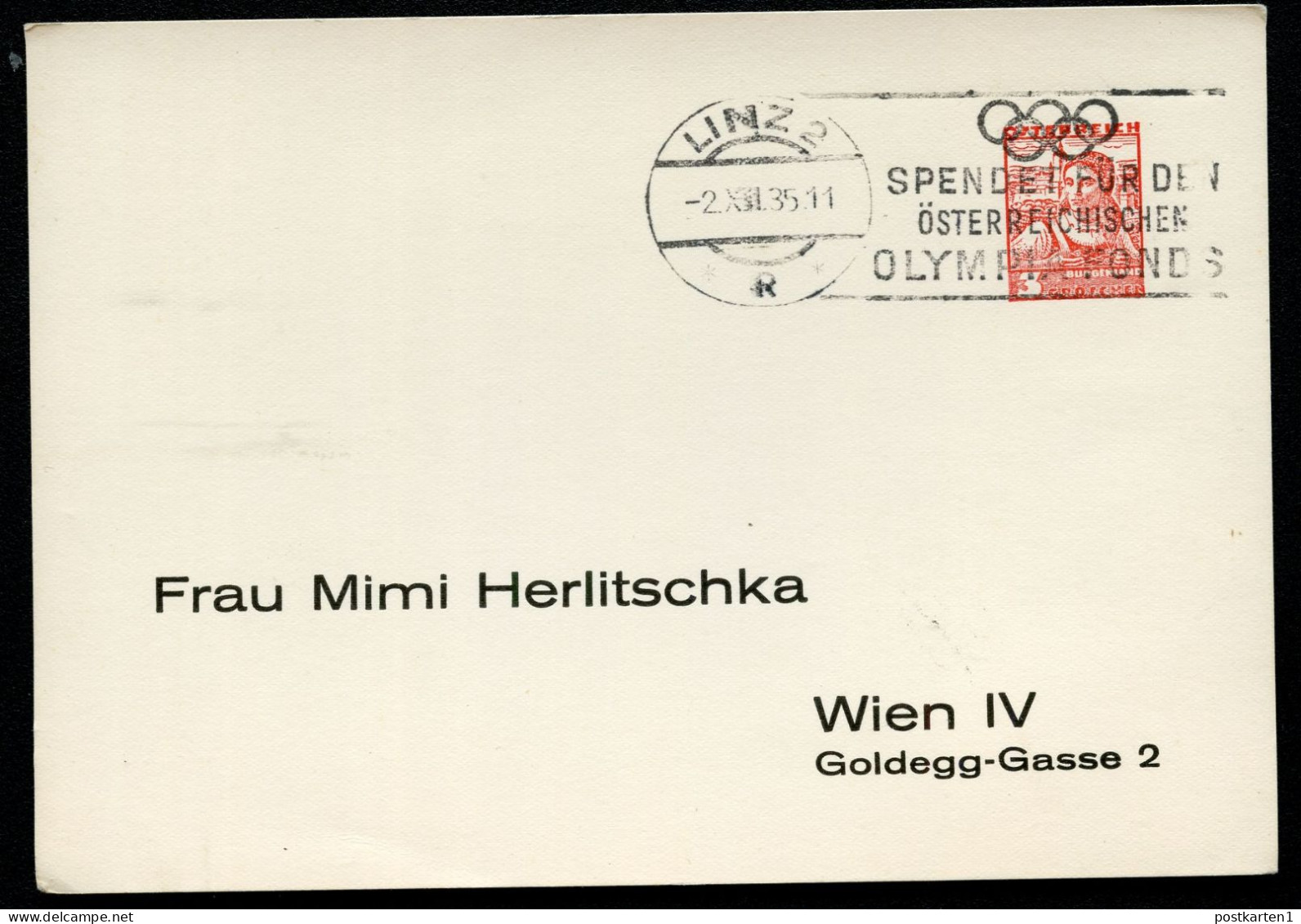 OLYMPIAFONDS ÖSTERREICH Privat-Postkarte PP138  Sost. Linz 1935 - Sommer 1936: Berlin