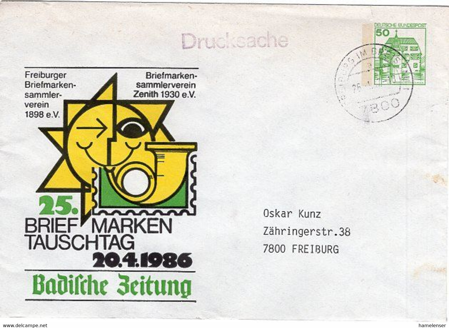 51609 - Bund - 1987 - 50Pfg. B&S PGAUmschl "25.Briefmarkentauschtag ..." Innerh. V. FREIBURG, Kl. Riss Oben - Enveloppes Privées - Oblitérées