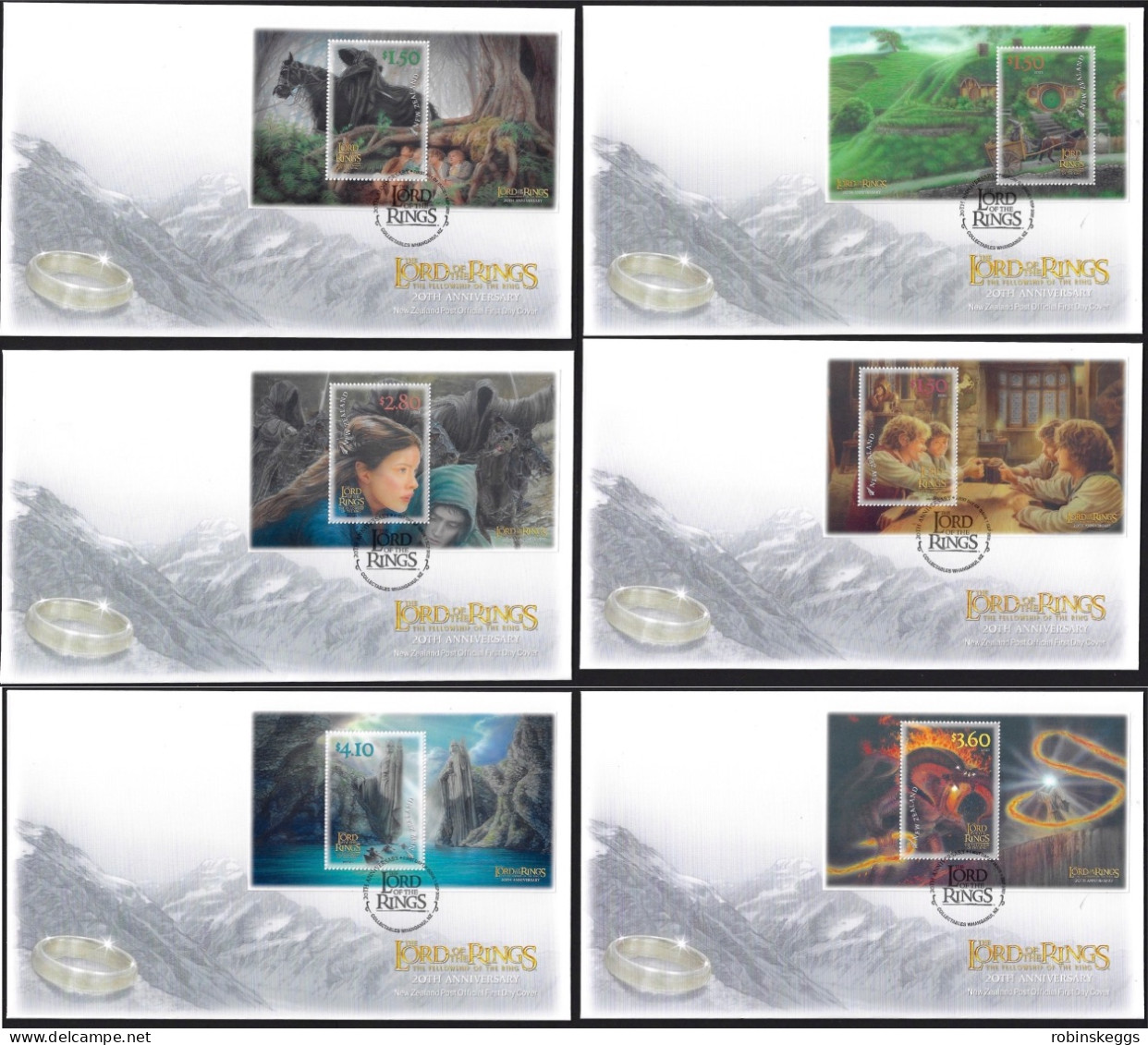 NEW ZEALAND 2021 Lord Of The Rings: Fellowship 20th Anniv., Set Of 6 M/S’s On FDC - Vignettes De Fantaisie