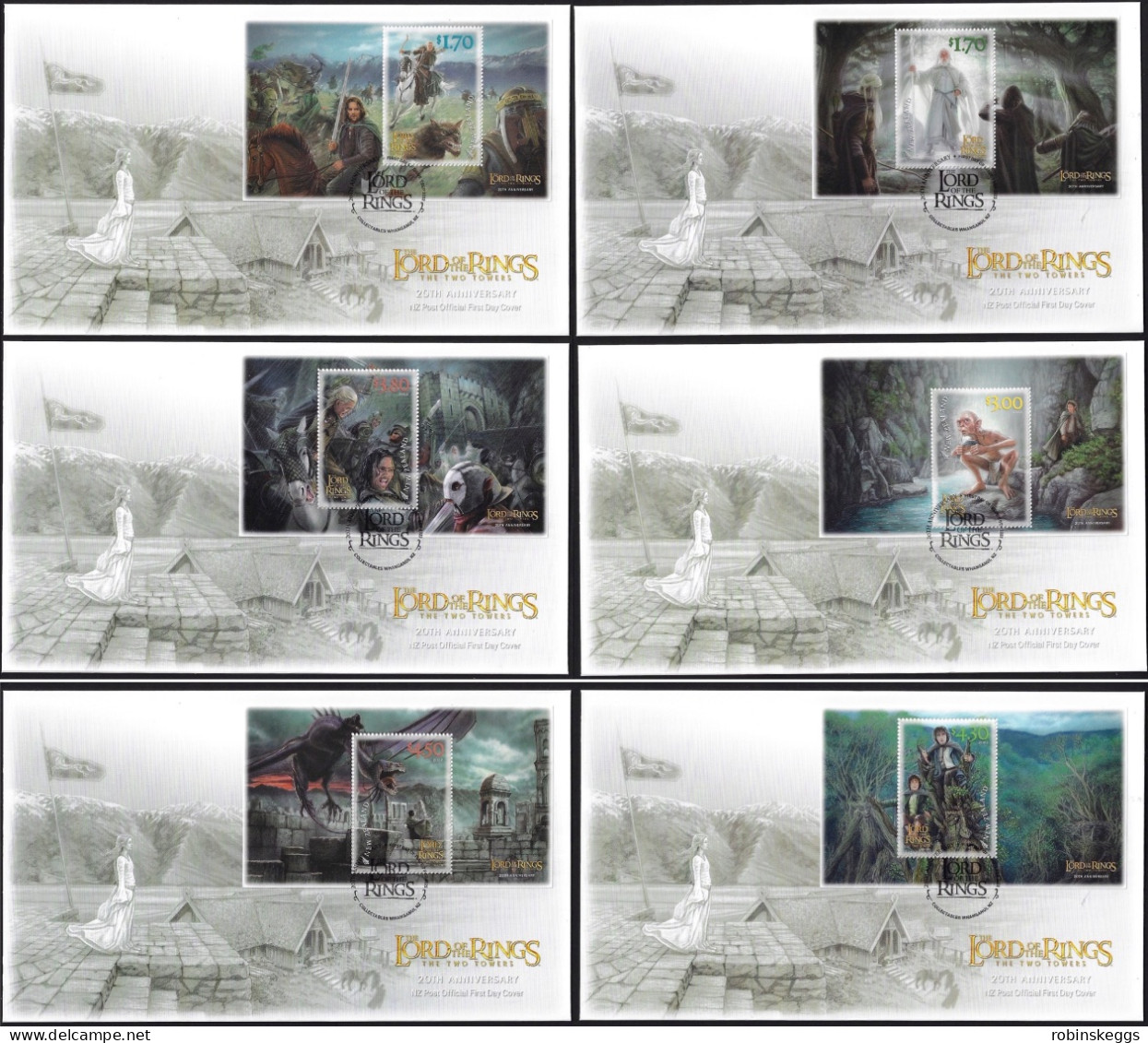 NEW ZEALAND 2022 Lord Of The Rings: Two Towers 20th Anniv., Set Of 6 M/S’s On FDC - Vignettes De Fantaisie