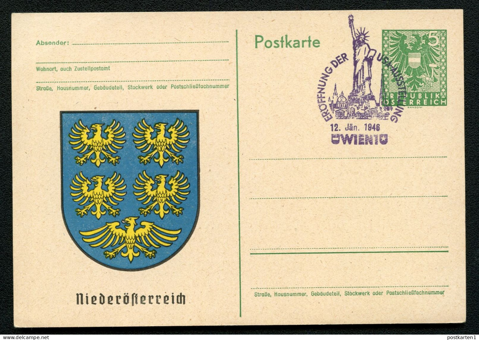 WAPPEN NIEDERÖSTERREICH Österreich Privat-Postkarte PP151 Sost. USA-Ausstellung 1946 - Enveloppes
