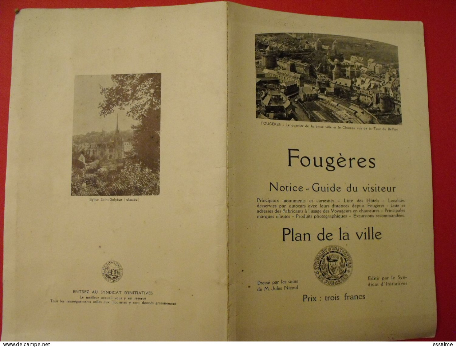 Fougères. Notice Guide Du Visiteur Plan De La Ville. Jules Nicoul. 1935. Bretagne - Bretagne