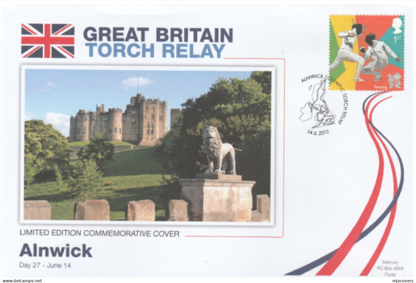2012 Ltd Edn ALNWICK CASTLE OLYMPICS TORCH Relay COVER London OLYMPIC GAMES Sport FENCING Stamps Lion GB Harry Potter - Eté 2012: Londres