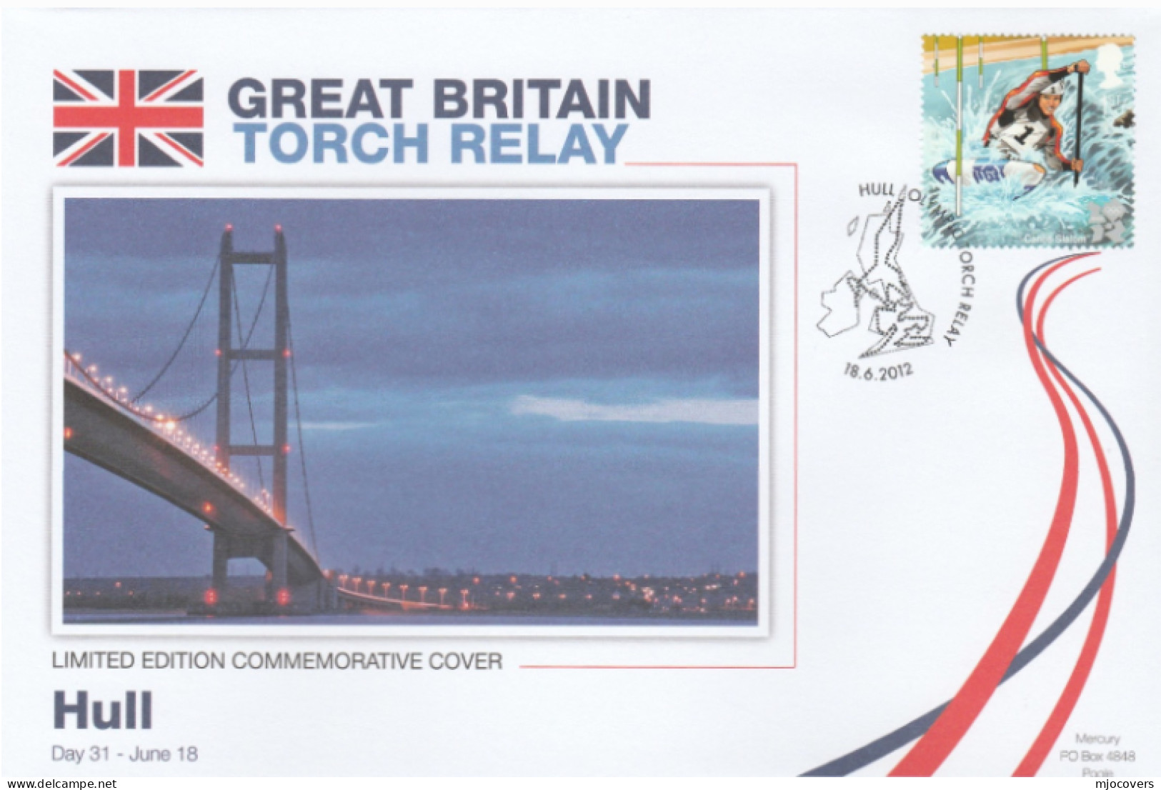 2012 Ltd Edn HUMBER BRIDGE OLYMPICS TORCH Relay Hull COVER London OLYMPIC GAMES  Sport Canoe Canoeing Stamps GB - Verano 2012: Londres