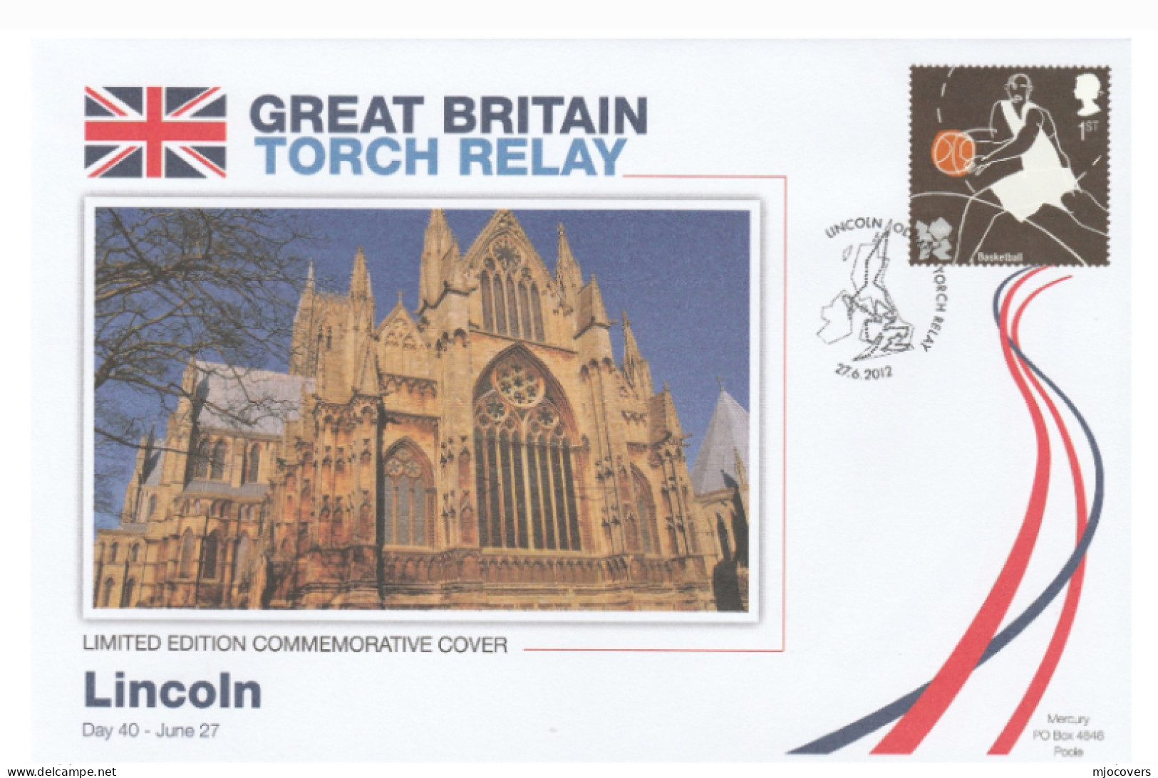 2012 Ltd Edn LINCOLN CATHEDRAL OLYMPICS TORCH Relay COVER London OLYMPIC GAMES Sport BASKETBALL Stamps GB - Summer 2012: London