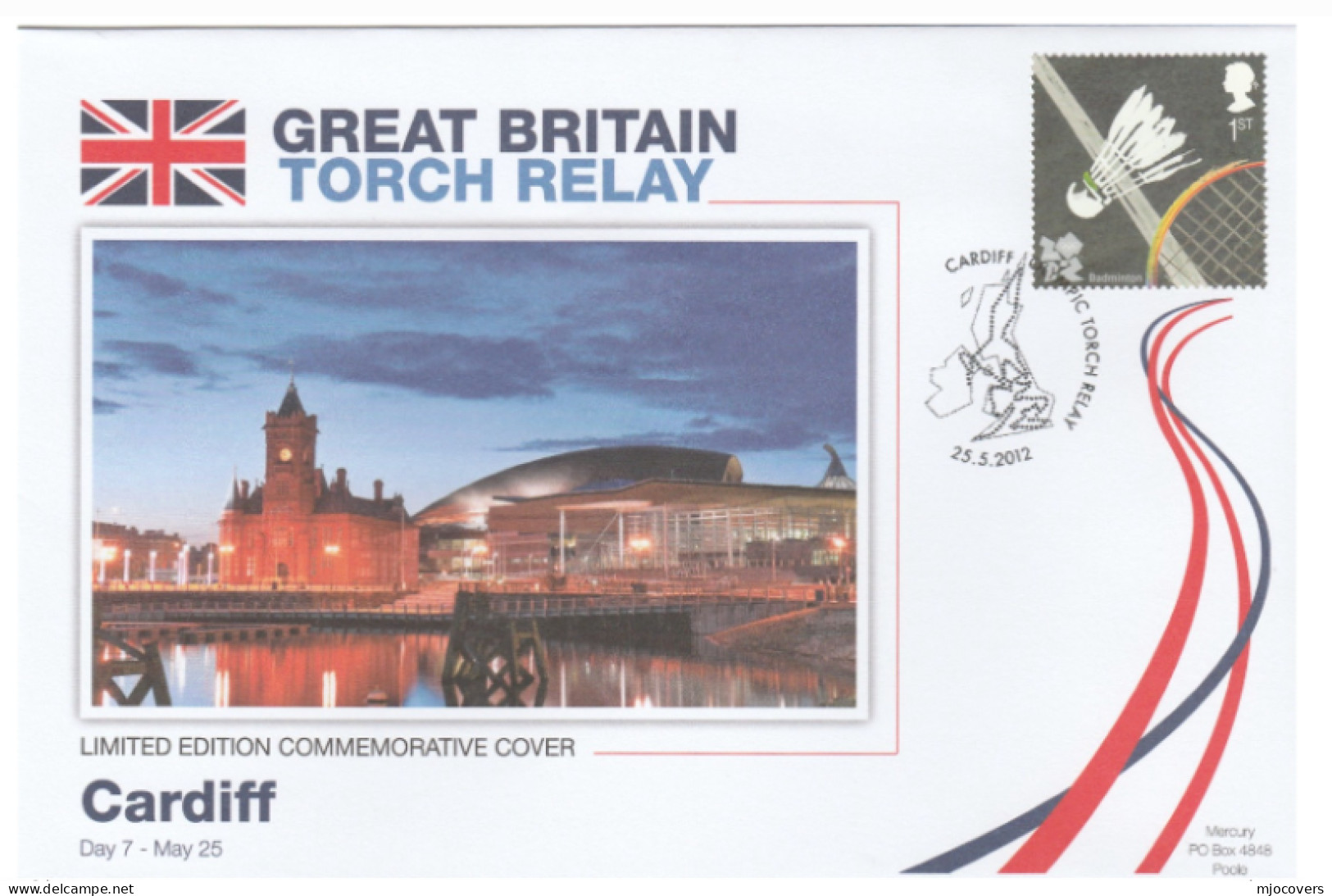 2012 Ltd Edn CARDIFF BAY OLYMPICS TORCH Relay COVER London OLYMPIC GAMES Sport BADMINTON  Stamps GB Clock - Estate 2012: London