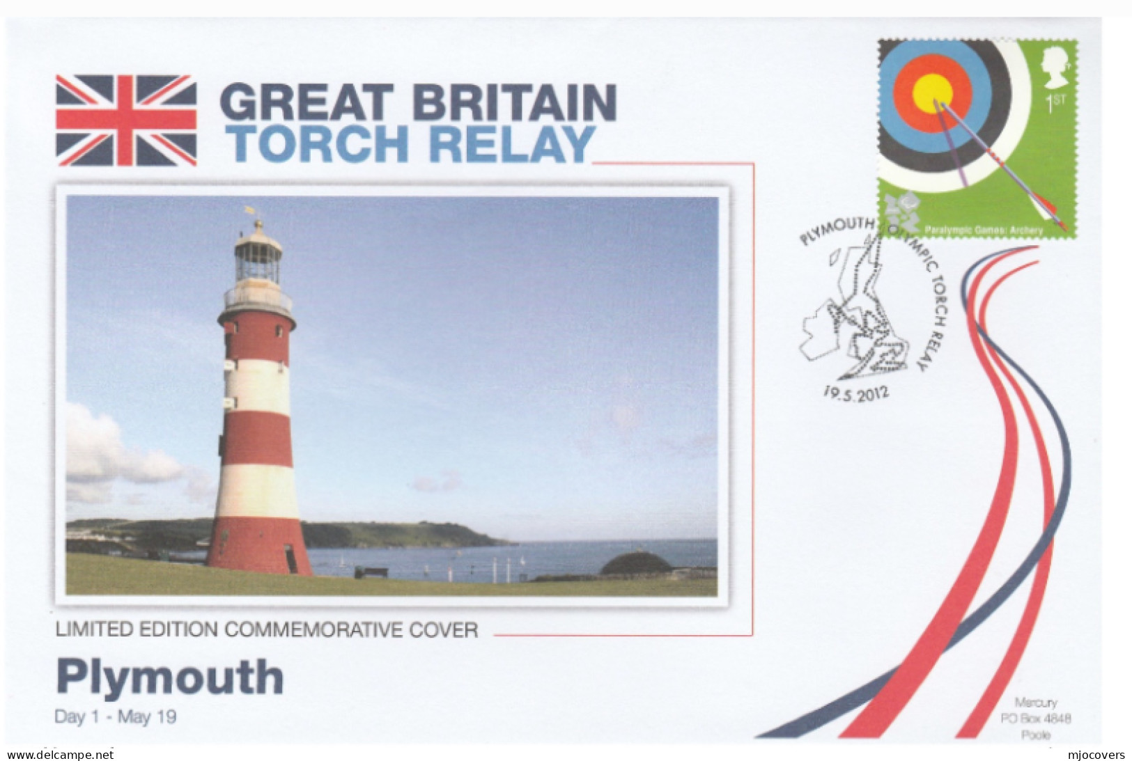 2012 Ltd Edn PLYMOUTH HOE LIGHTHOUSE OLYMPICS TORCH Relay COVER London OLYMPIC GAMES Sport  ARCHERY  Stamps GB - Zomer 2012: Londen
