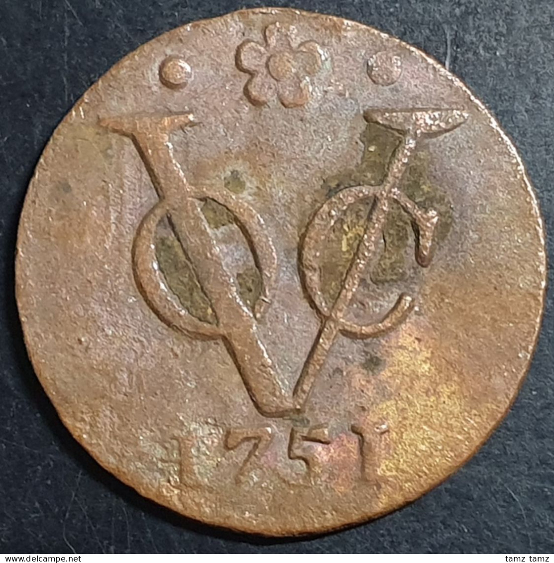 Netherlands East Indies VOC Holland Indonesia 1 One Duit 1751 Rosette Mintmark - Indonesia